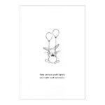 Speelse poster met zwart-wit tekening van ondeugend konijn Guus hangend aan twee ballon en een liefdevolle Engelstalige quote