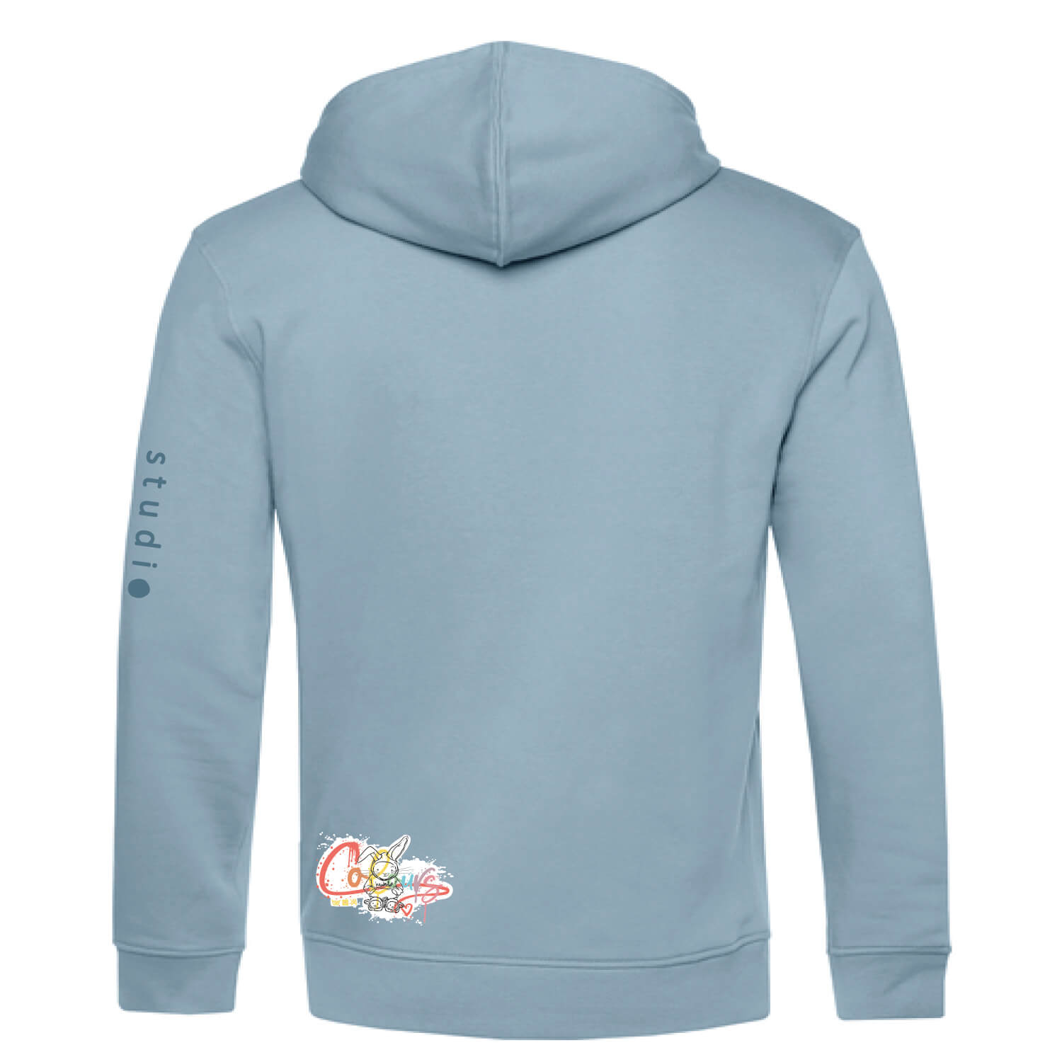 Achterkant van duurzame zacht blauwe hoodie met donkerder blauwe konijn print, unisex trui
