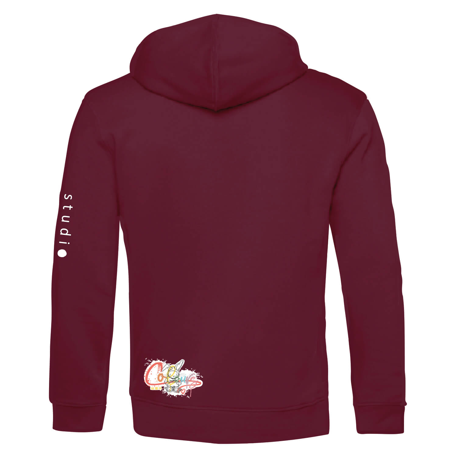 Achterkant van duurzame bordeauxrode hoodie met donkerder bordeauxrode konijn print, unisex trui