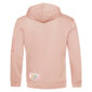 Achterkant van duurzame zacht roze hoodie met donkerder roze konijn print, unisex trui