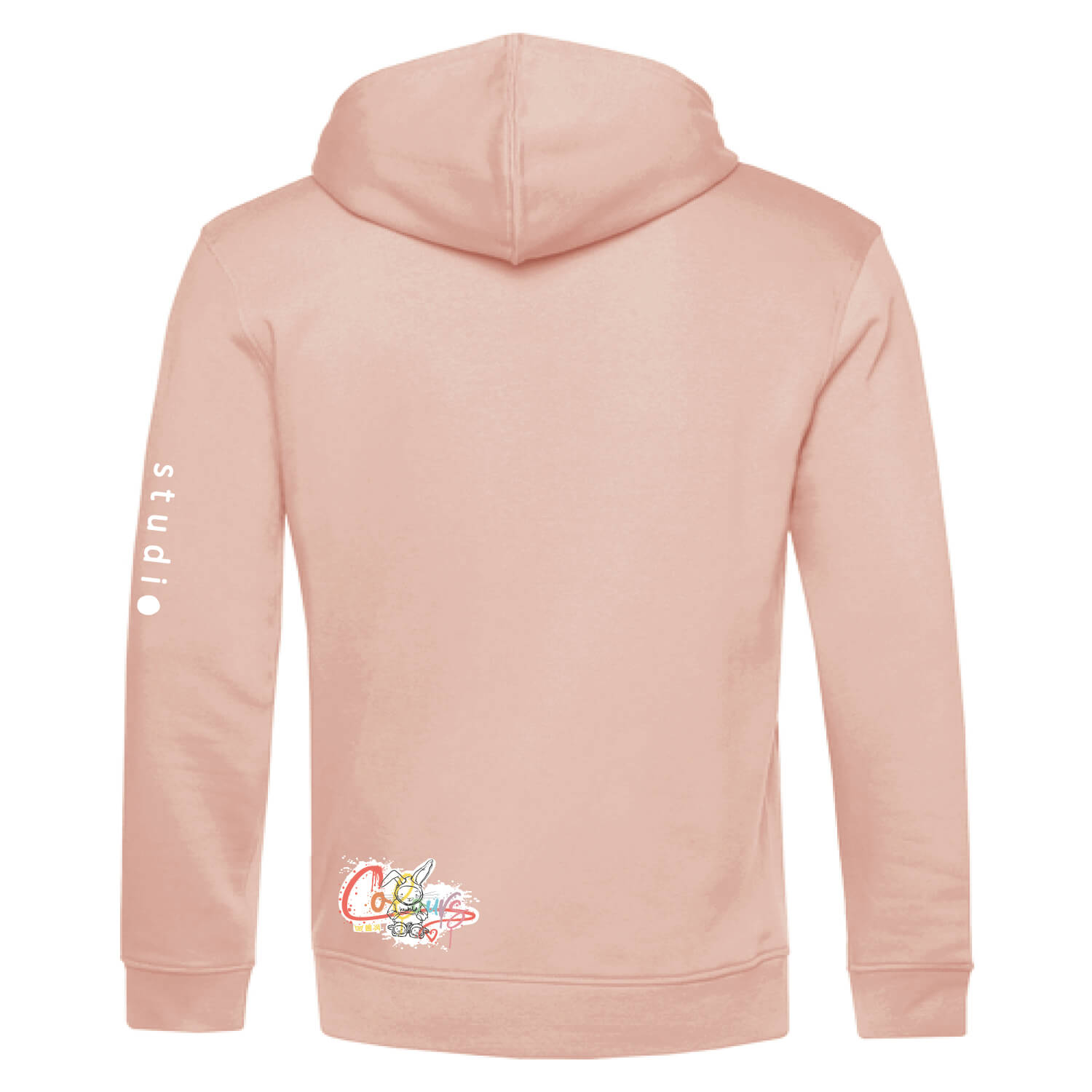 Achterkant van duurzame zacht roze hoodie met koraalkleurige konijn print, unisex trui