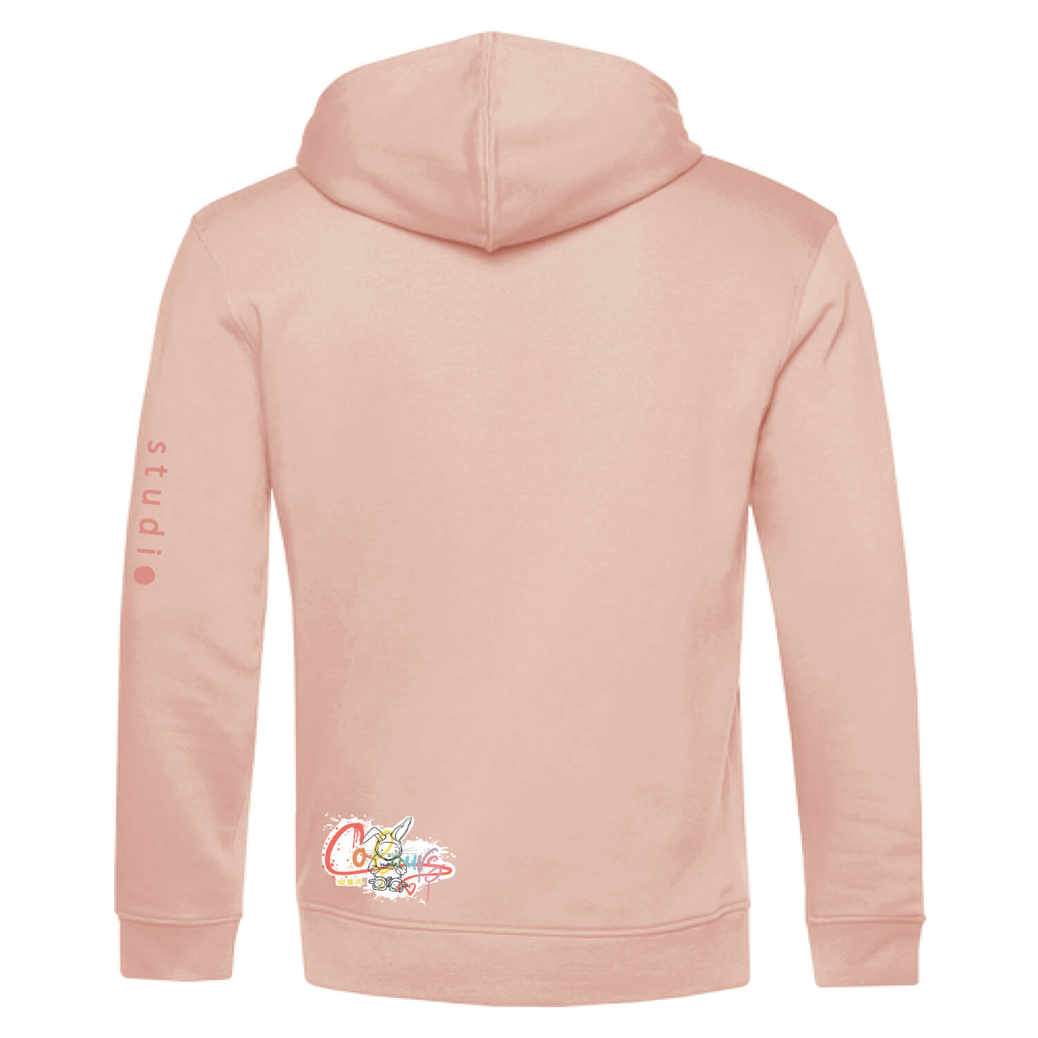 Achterkant van duurzame zacht roze hoodie met donkerder roze konijn print, unisex trui