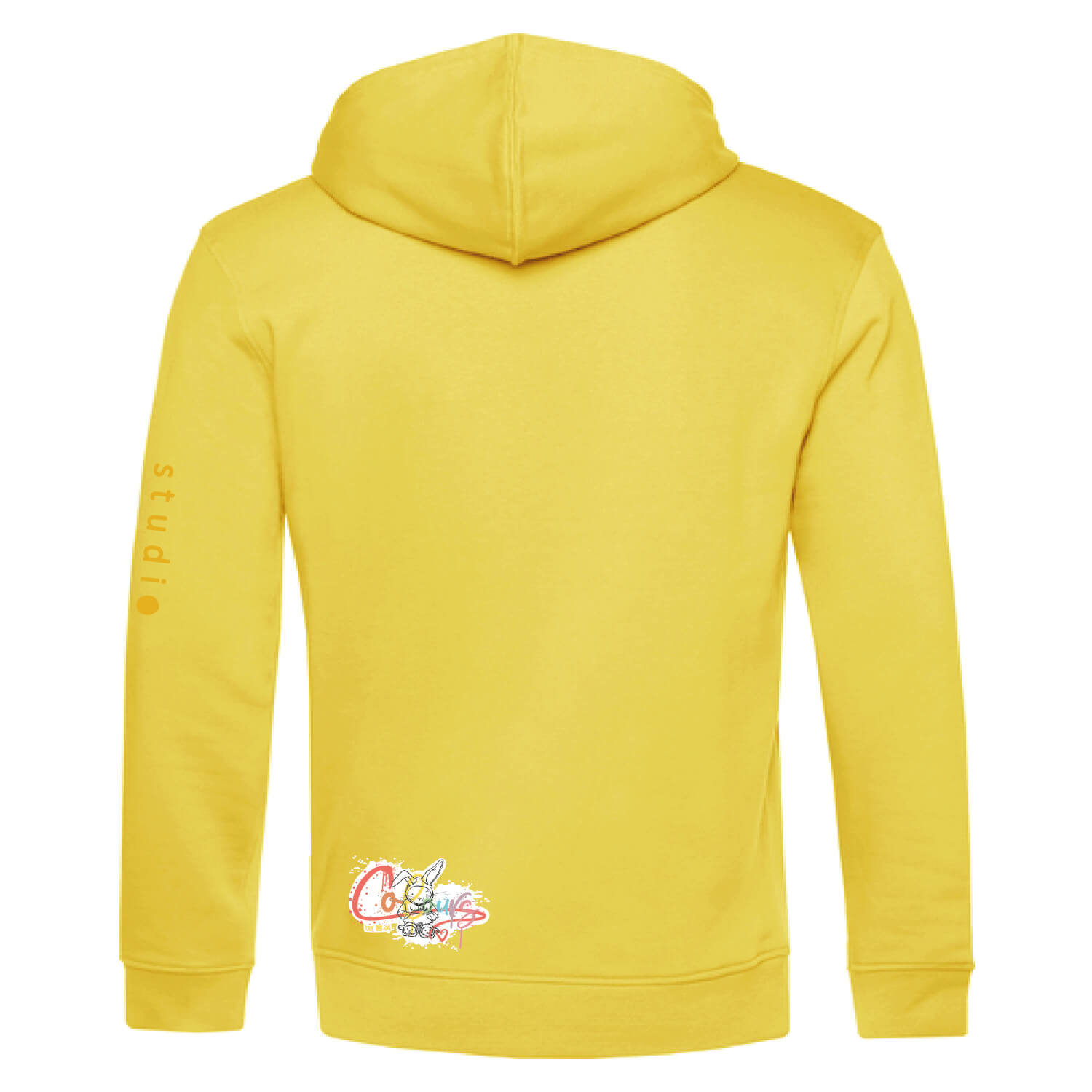 Achterkant van duurzame zacht gele hoodie met okergele konijn print, unisex trui