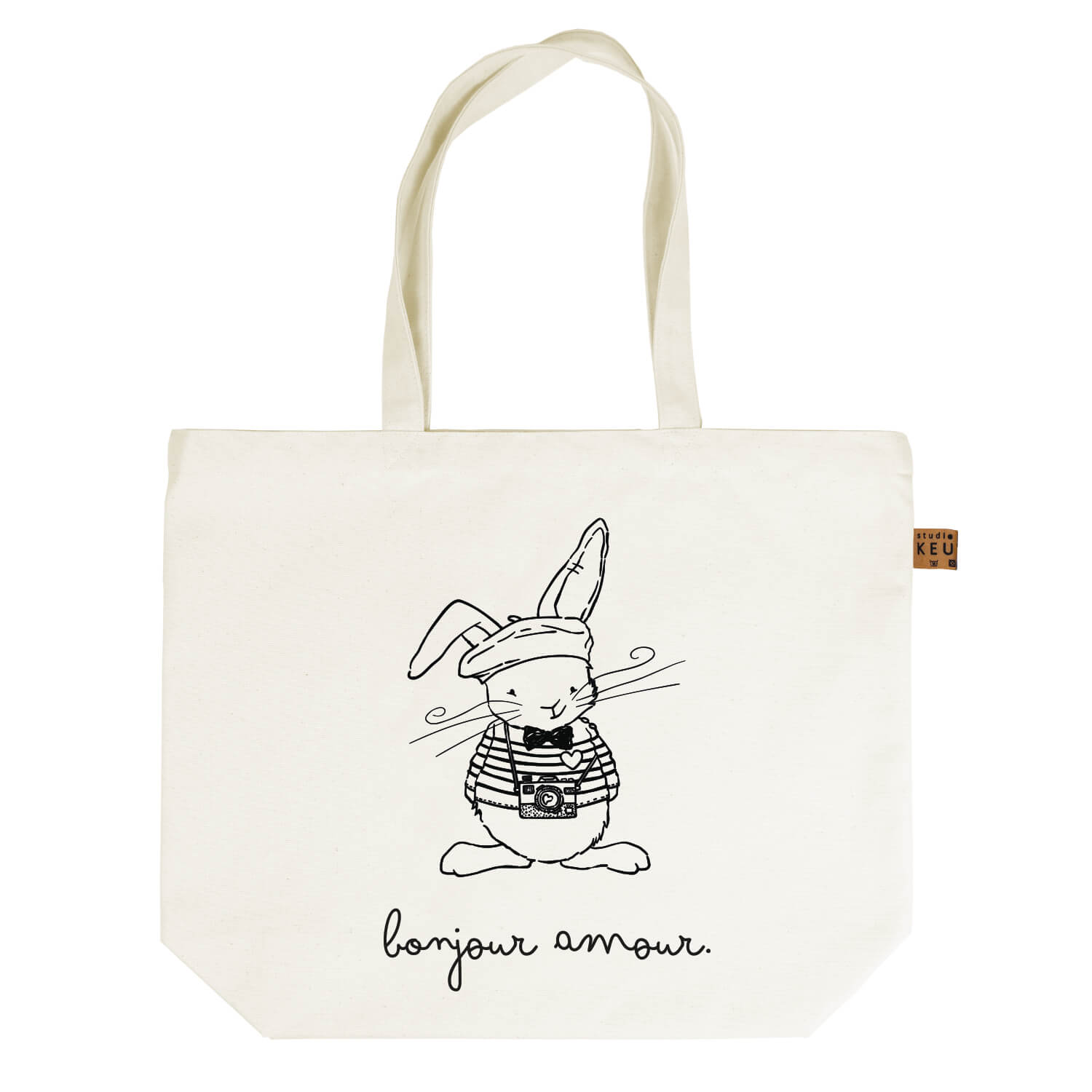 Duurzame canvas shopper tas van Studio Keutels met konijn Guus in Franse stijl de tekst 'Bonjour Amour.'