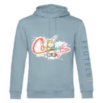 Duurzame zacht blauwe hoodie met meerkleurige konijn print, unisex trui