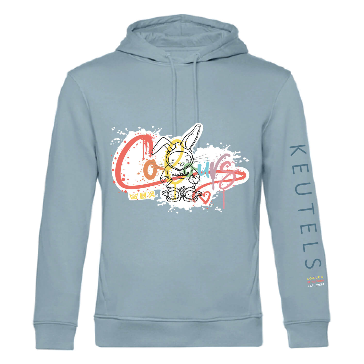 Duurzame zacht blauwe hoodie met meerkleurige konijn print, unisex trui