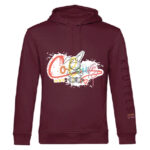 Duurzame bordeauxrode hoodie met donkerder meerkleurige konijn print, unisex trui