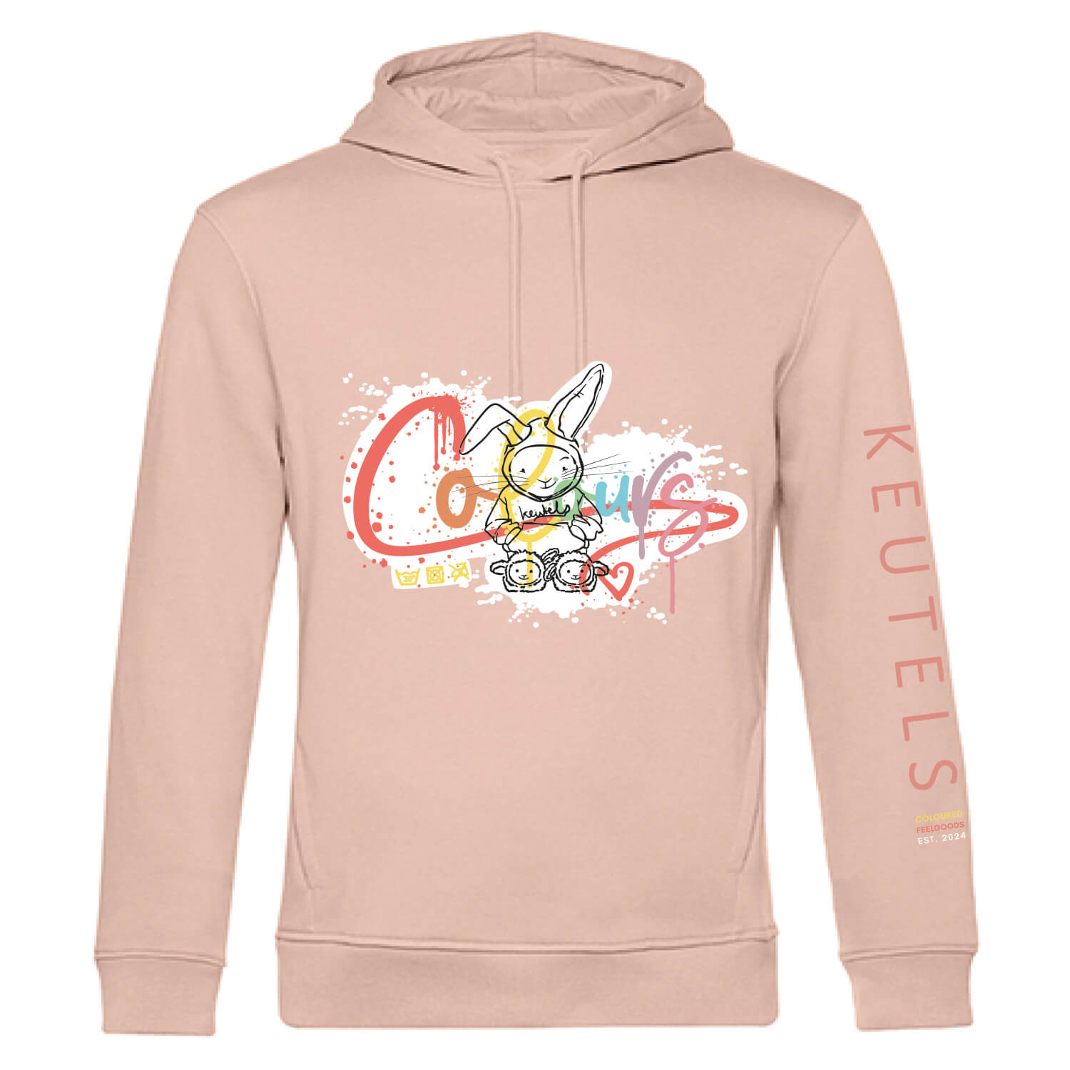 Duurzame zacht roze hoodie met meerkleurige konijn print, unisex trui