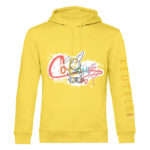 Duurzame zacht gele hoodie met meerkleurige konijn print, unisex trui