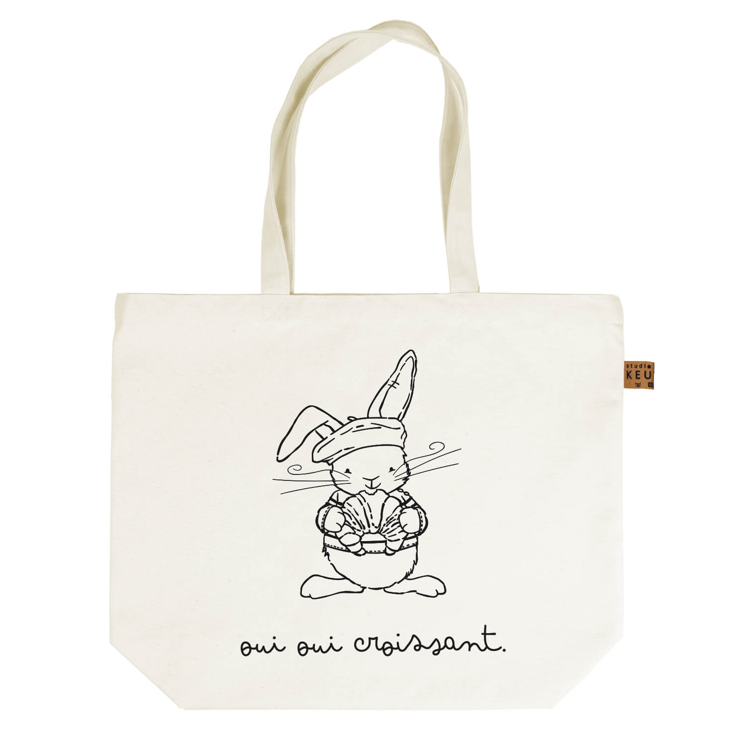 Duurzame canvas shopper tas van Studio Keutels met konijn Guus in Franse stijl de tekst 'Oui Oui Croissant.'