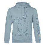 Duurzame zacht blauwe hoodie met donkerder blauwe konijn print, unisex trui