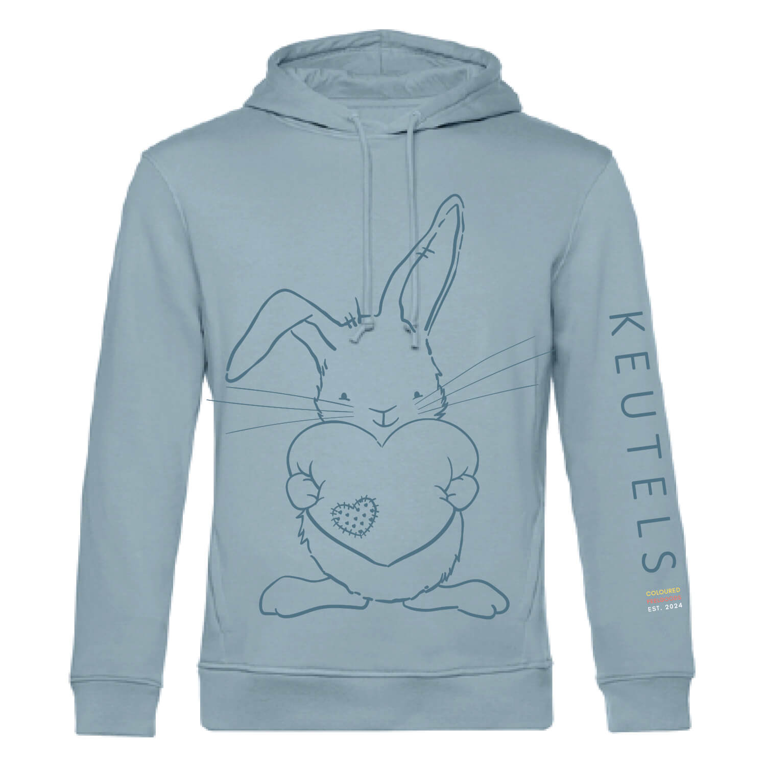 Duurzame zacht blauwe hoodie met donkerder blauwe konijn print, unisex trui