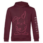 Duurzame bordeauxrode hoodie met fel roze konijn print, unisex trui