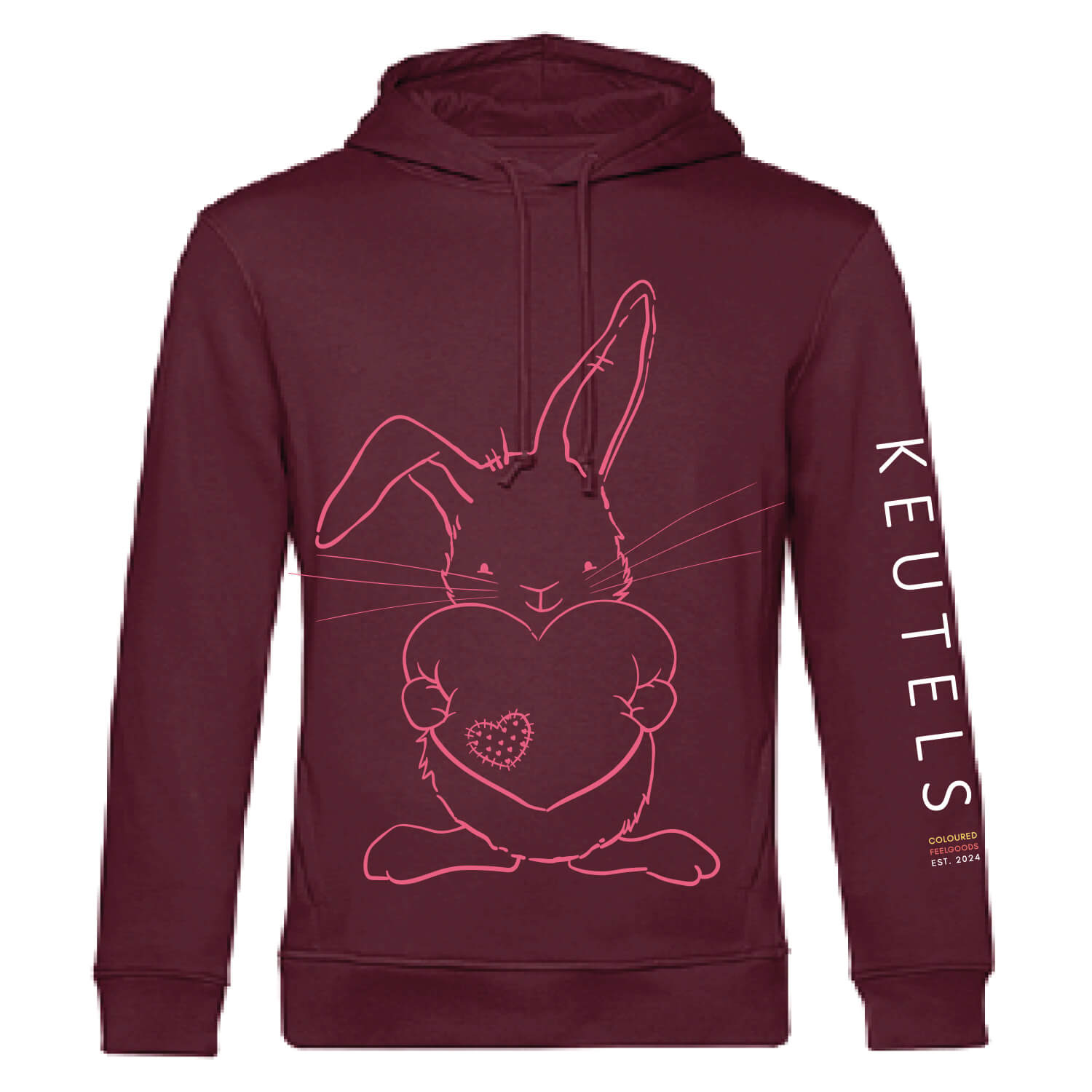 Duurzame bordeauxrode hoodie met fel roze konijn print, unisex trui