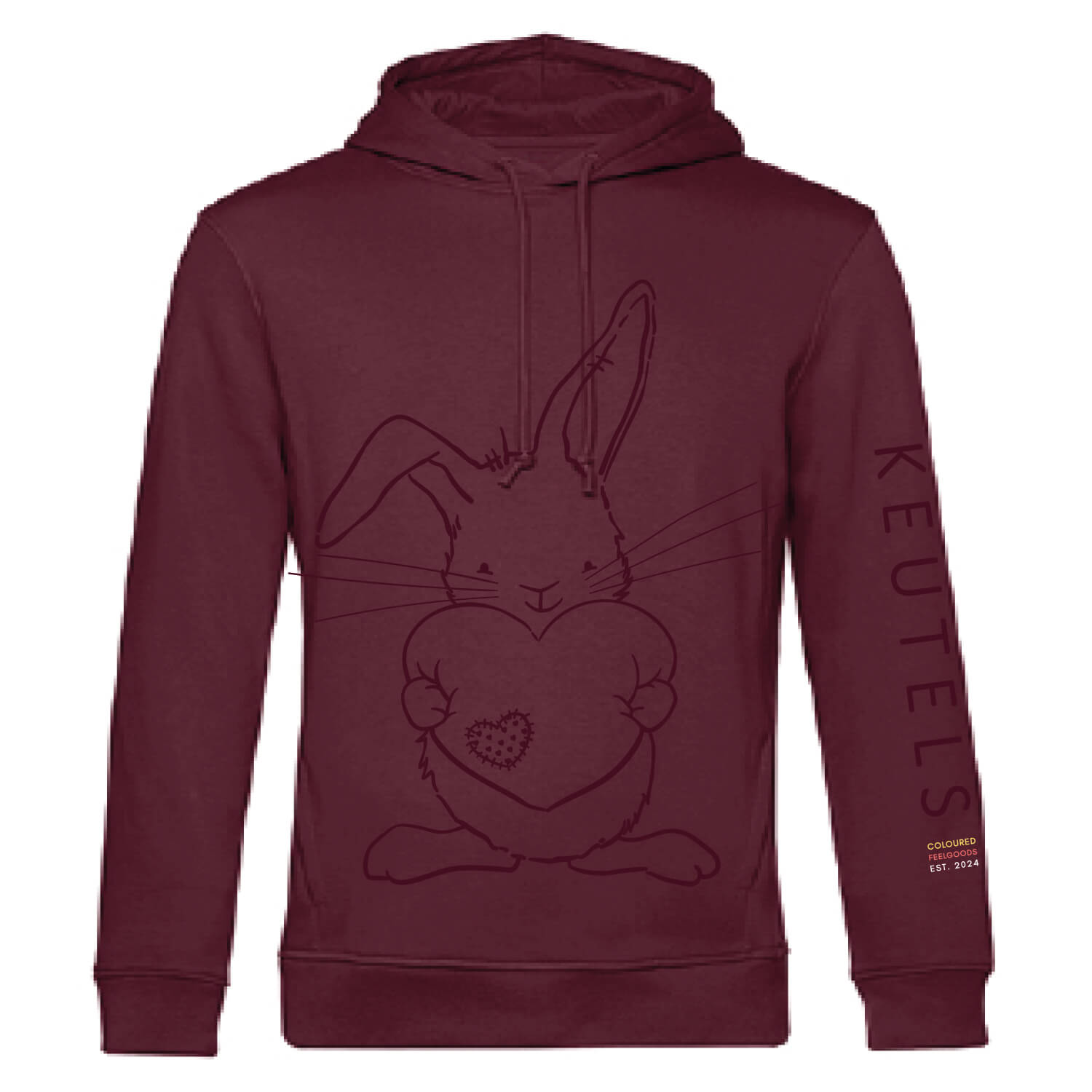 Duurzame bordeauxrode hoodie met donkerder bordeauxrode konijn print, unisex trui