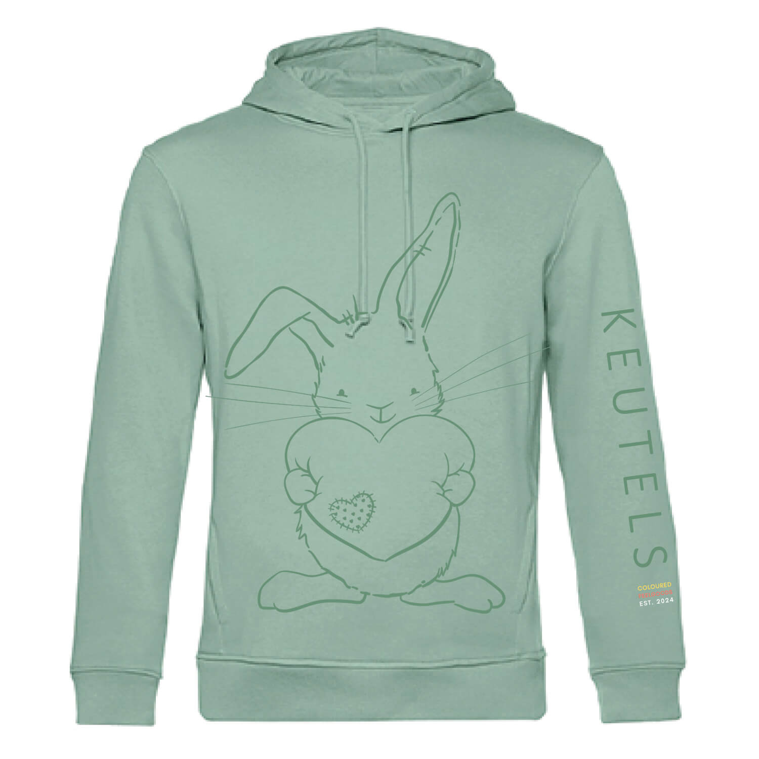 Duurzame mint kleurige hoodie met saliegroene konijn print, unisex trui