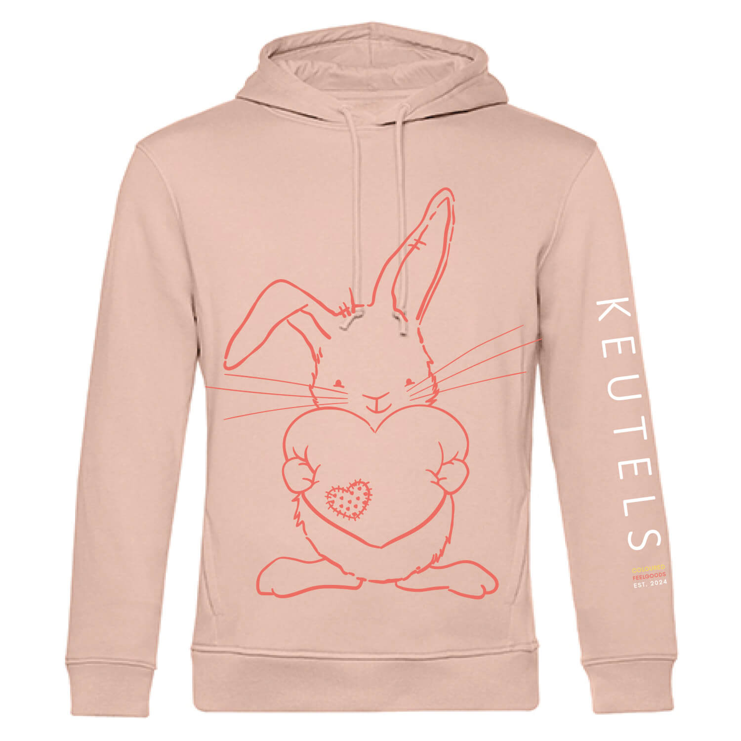 Duurzame zacht roze hoodie met koraalkleurige konijn print, unisex trui