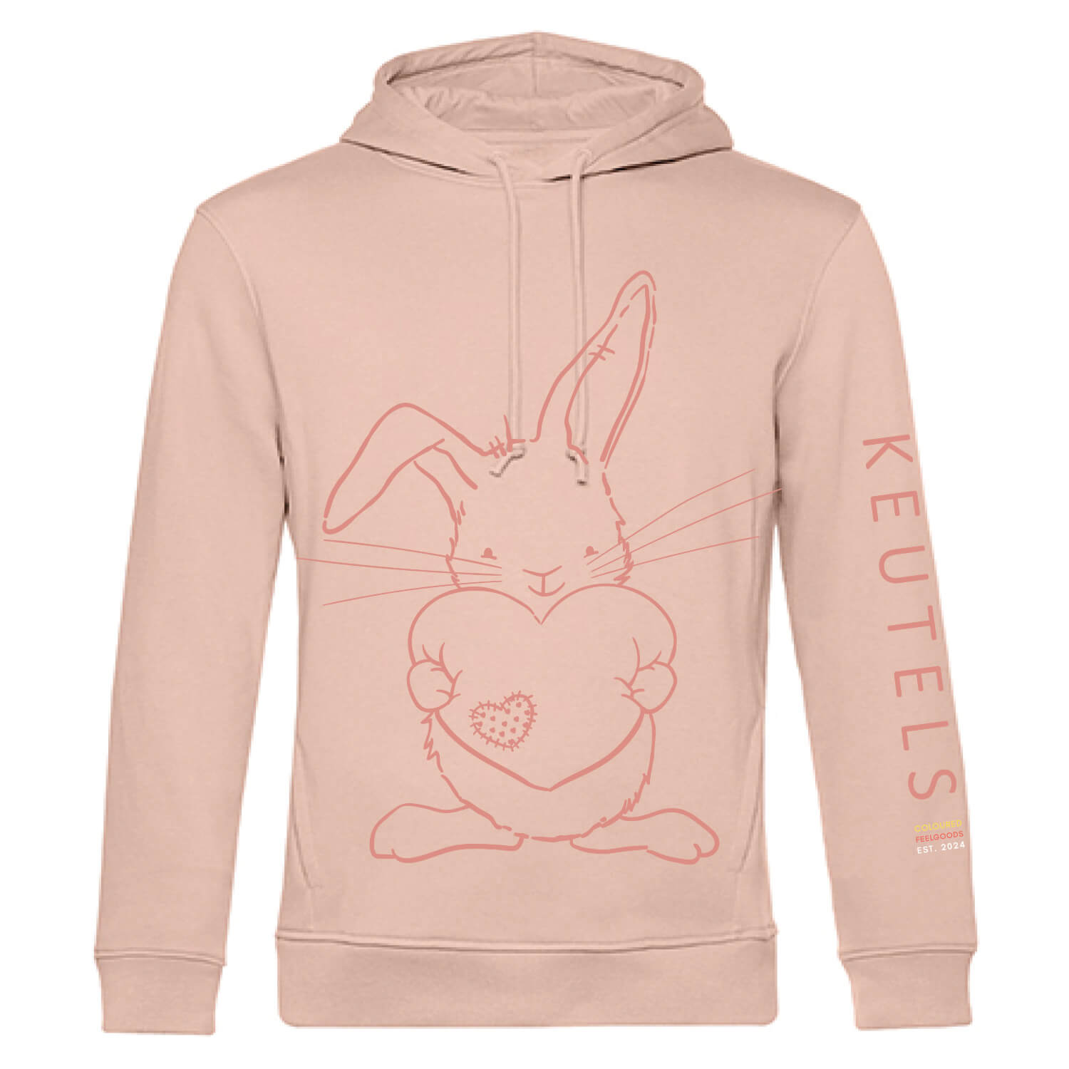 Duurzame zacht roze hoodie donkerder roze konijn print, unisex trui