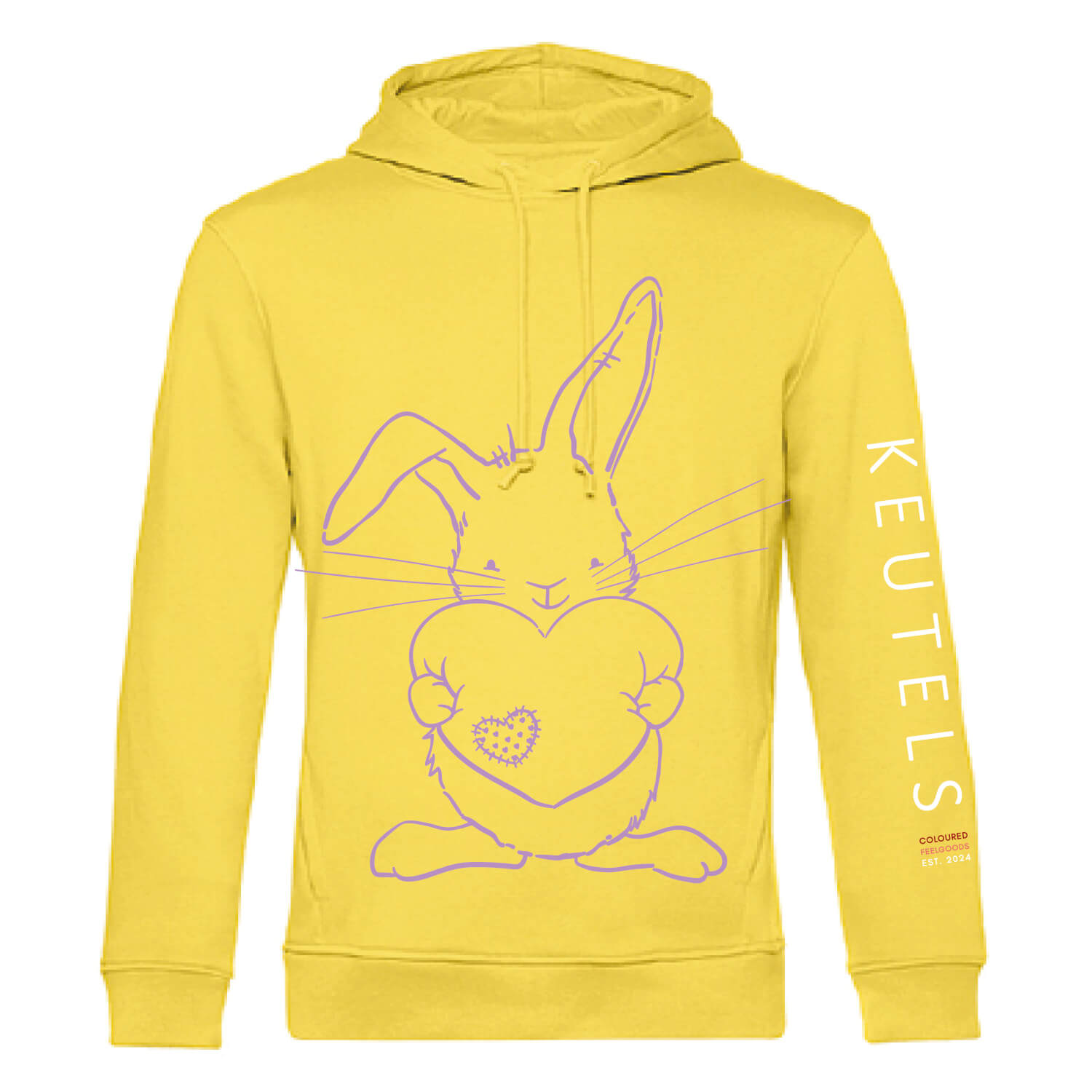 Duurzame zacht gele hoodie met lila konijn print, unisex trui