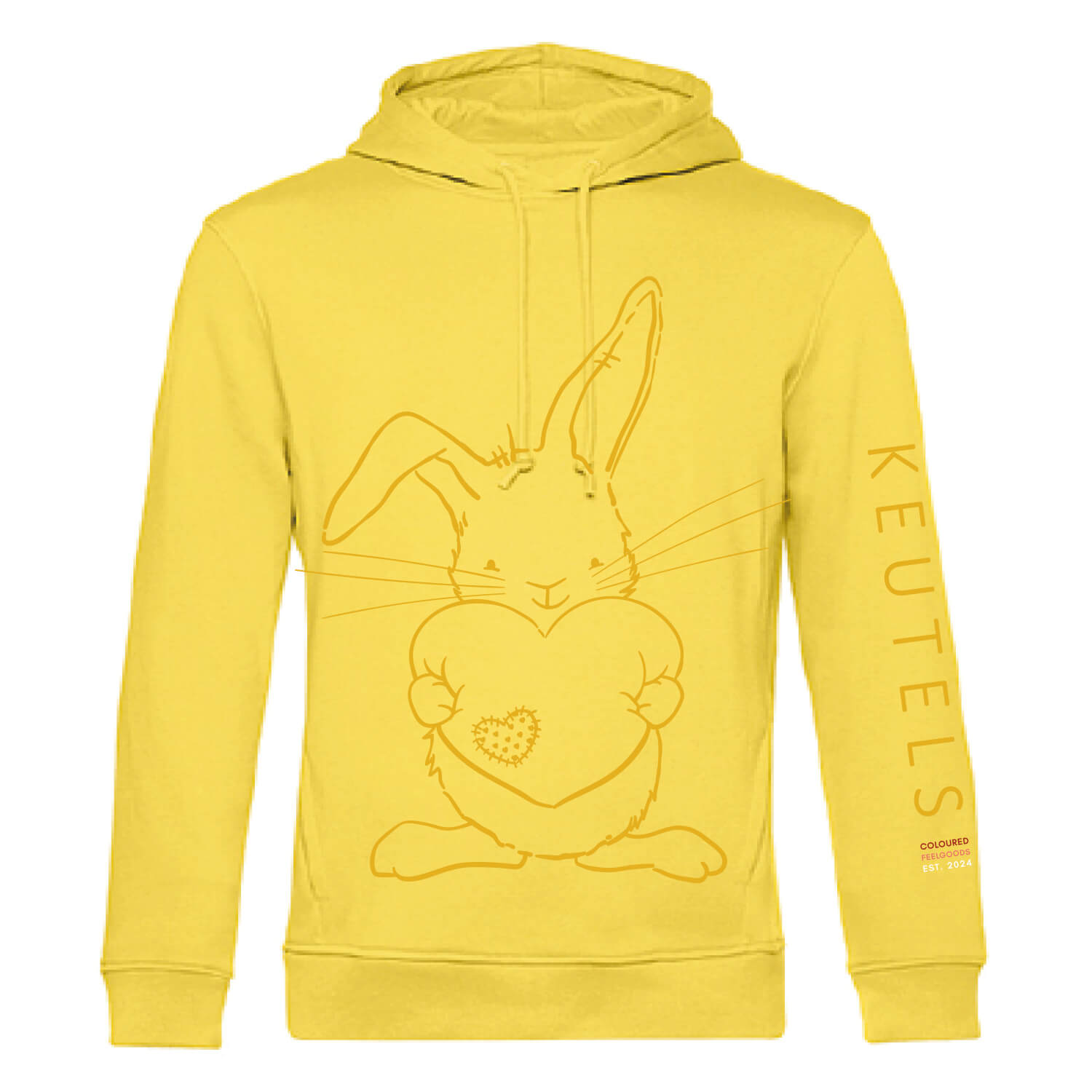 Duurzame zacht gele hoodie met okergele konijn print, unisex trui