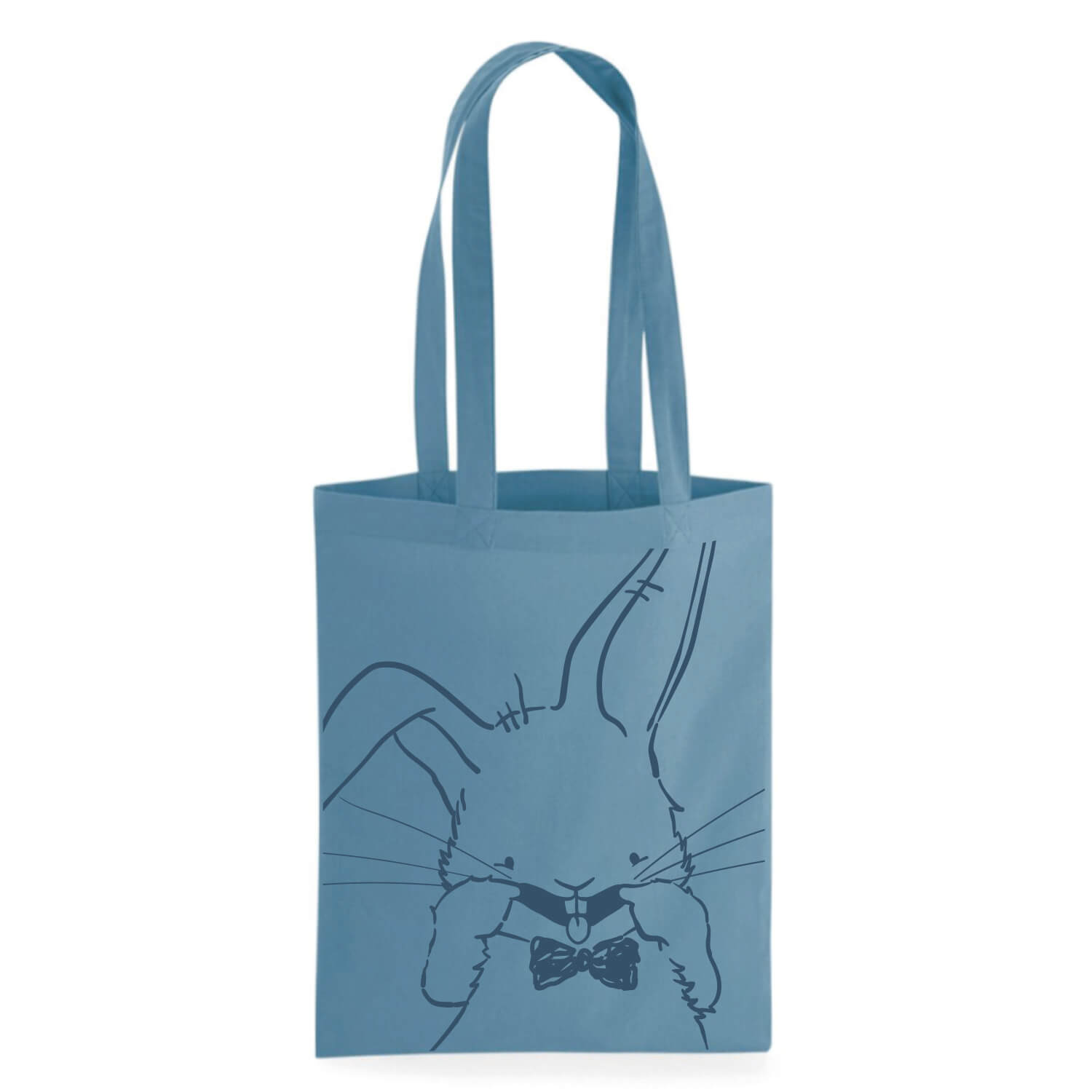 Duurzame katoenen tas van Studio Keutels in de kleur Indigo Blauw, met konijn Guus die een gekke bek trekt.