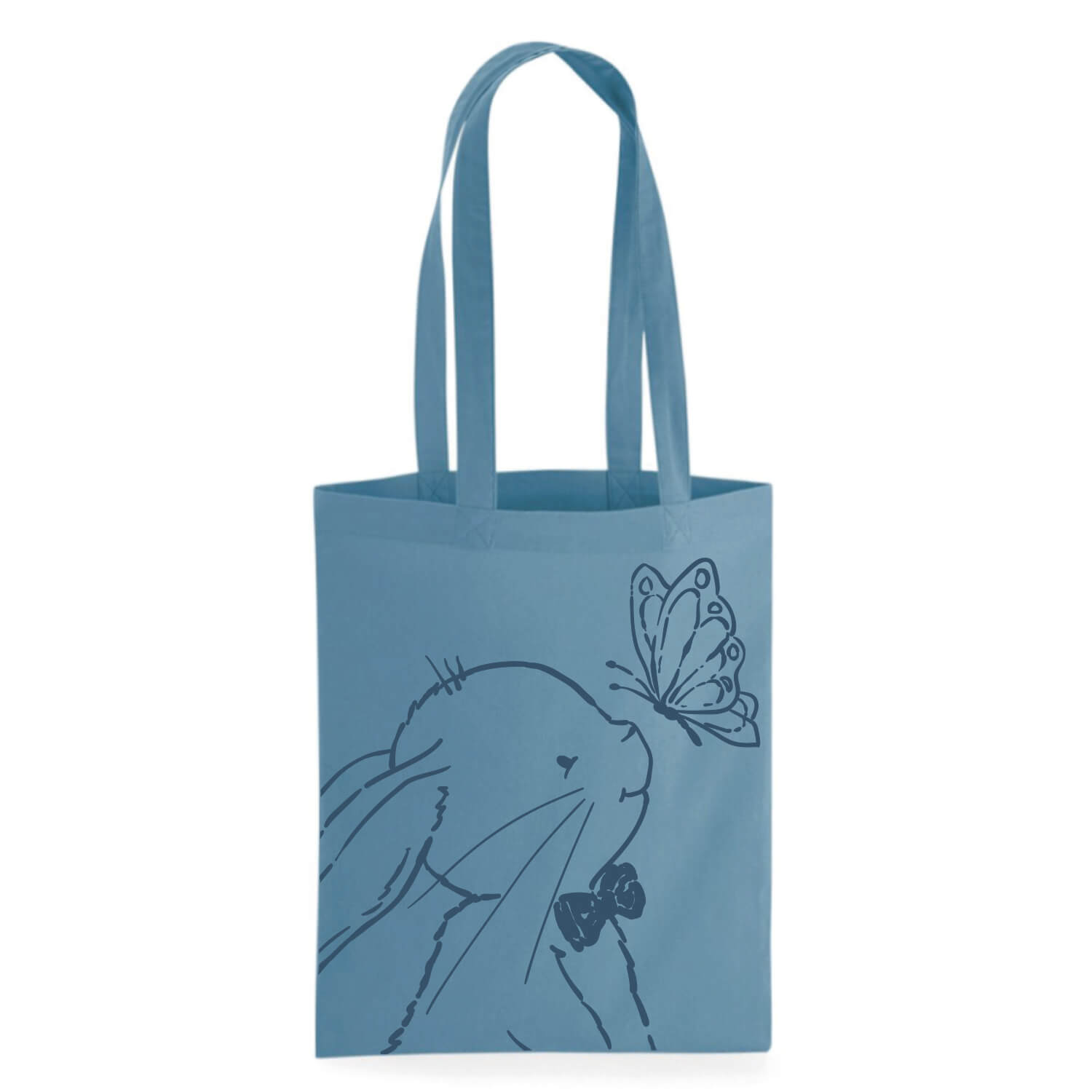 Duurzame katoenen tas van Studio Keutels in de kleur Indigo, met konijn Guus en een vlinder.
