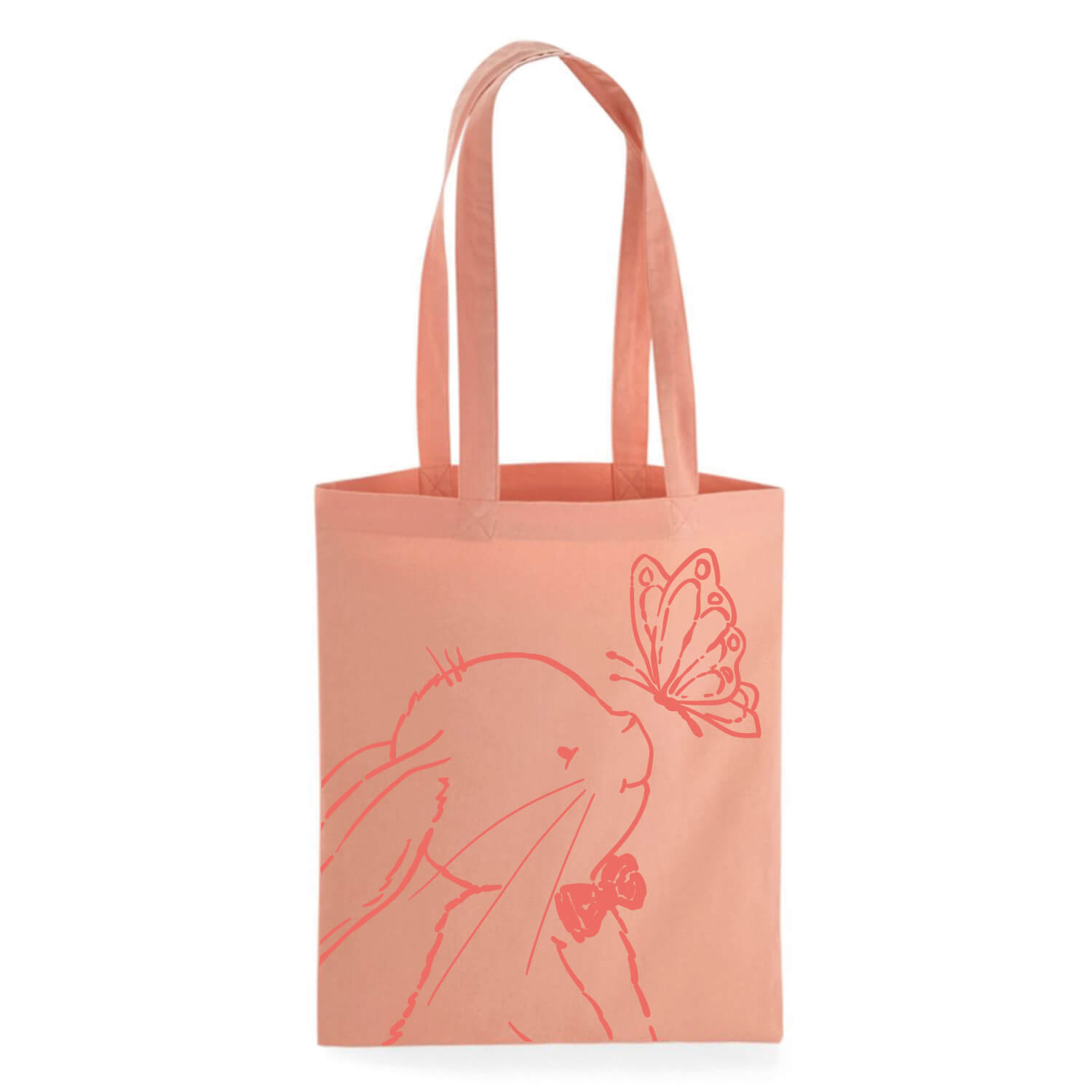 Duurzame katoenen tas van Studio Keutels in de kleur Pomegranate roze, met konijn Guus en een vlinder.