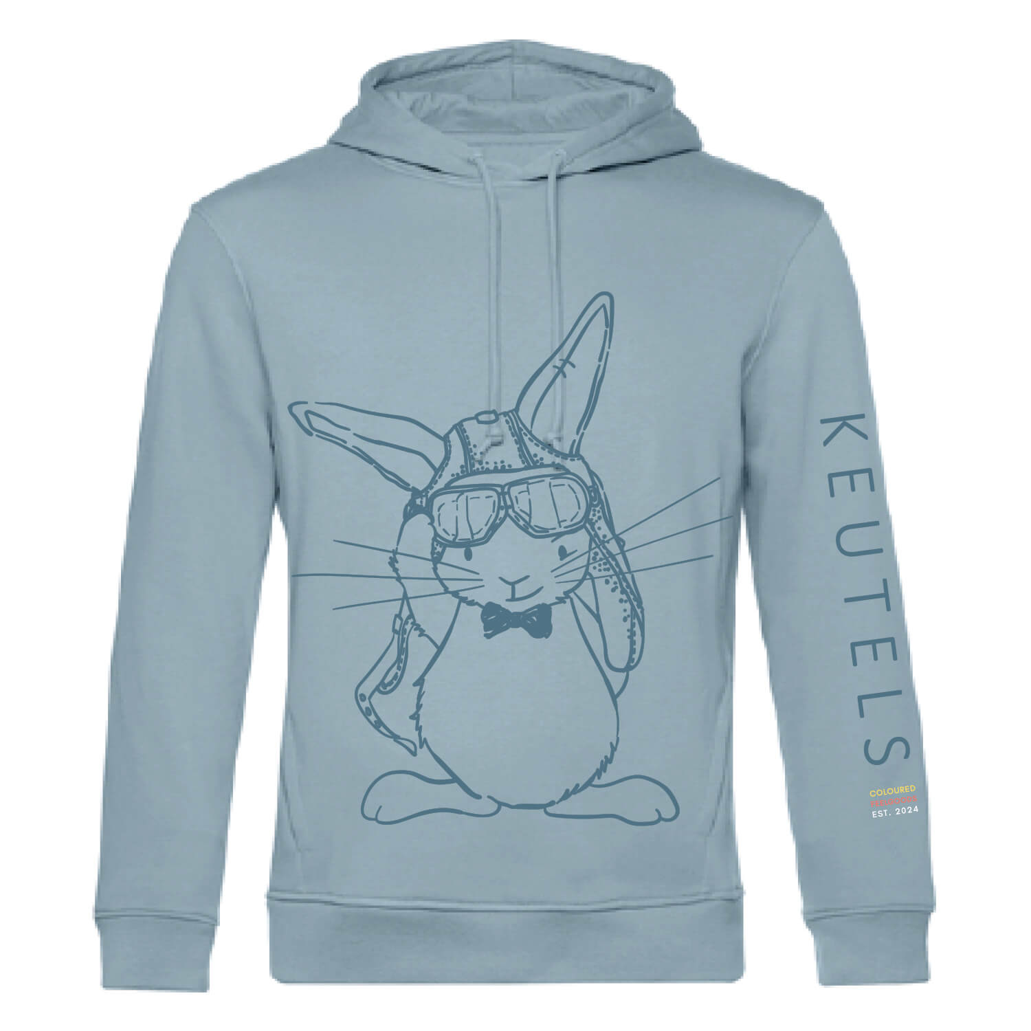 Duurzame zacht blauwe hoodie met donkerder blauwe konijn print, unisex trui
