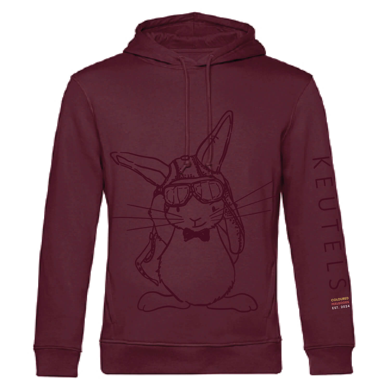 Duurzame bordeauxrode hoodie met donkerder bordeauxrode konijn print, unisex trui
