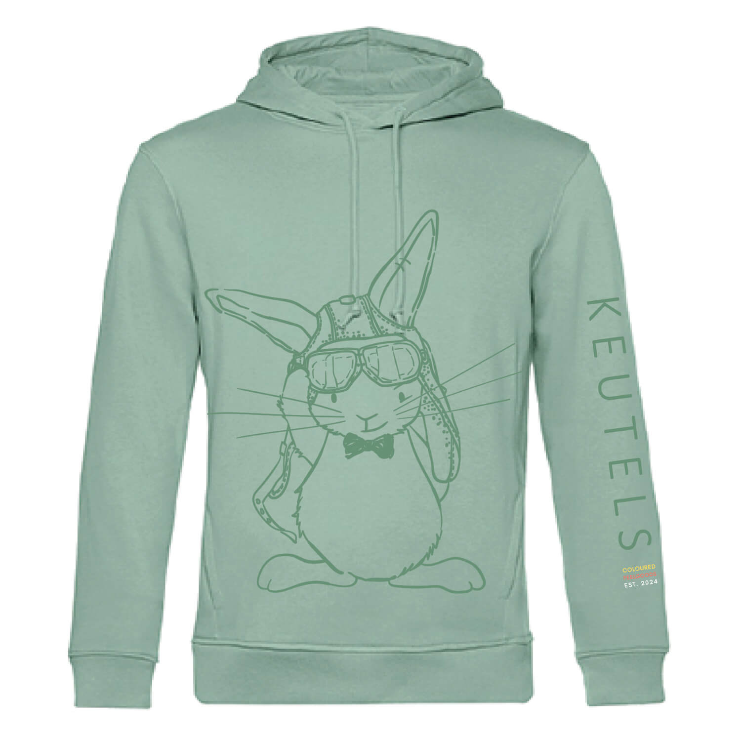 Duurzame mint kleurige hoodie met saliegroene konijn print, unisex trui