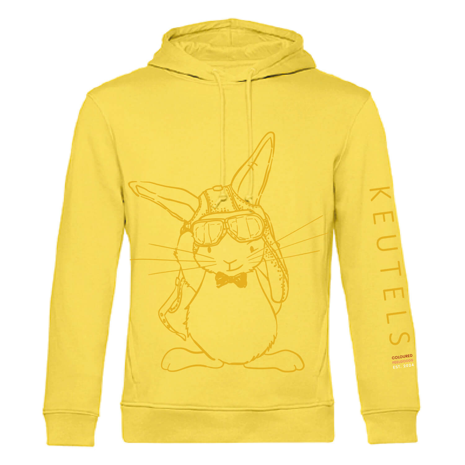 Duurzame zacht gele hoodie met okergele konijn print, unisex trui