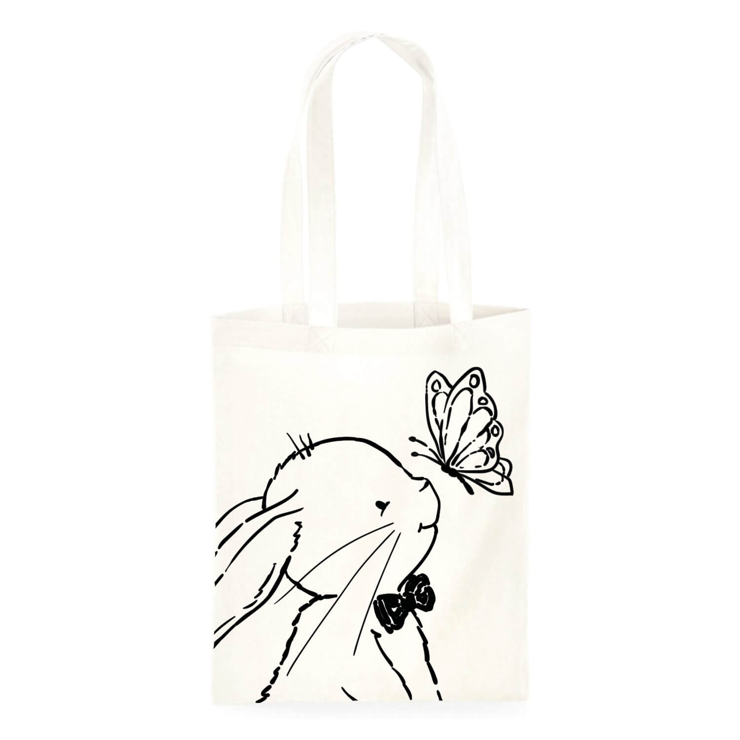 Duurzame katoenen tas van Studio Keutels in de kleur seasalt/wit, met konijn Guus en een vlinder.