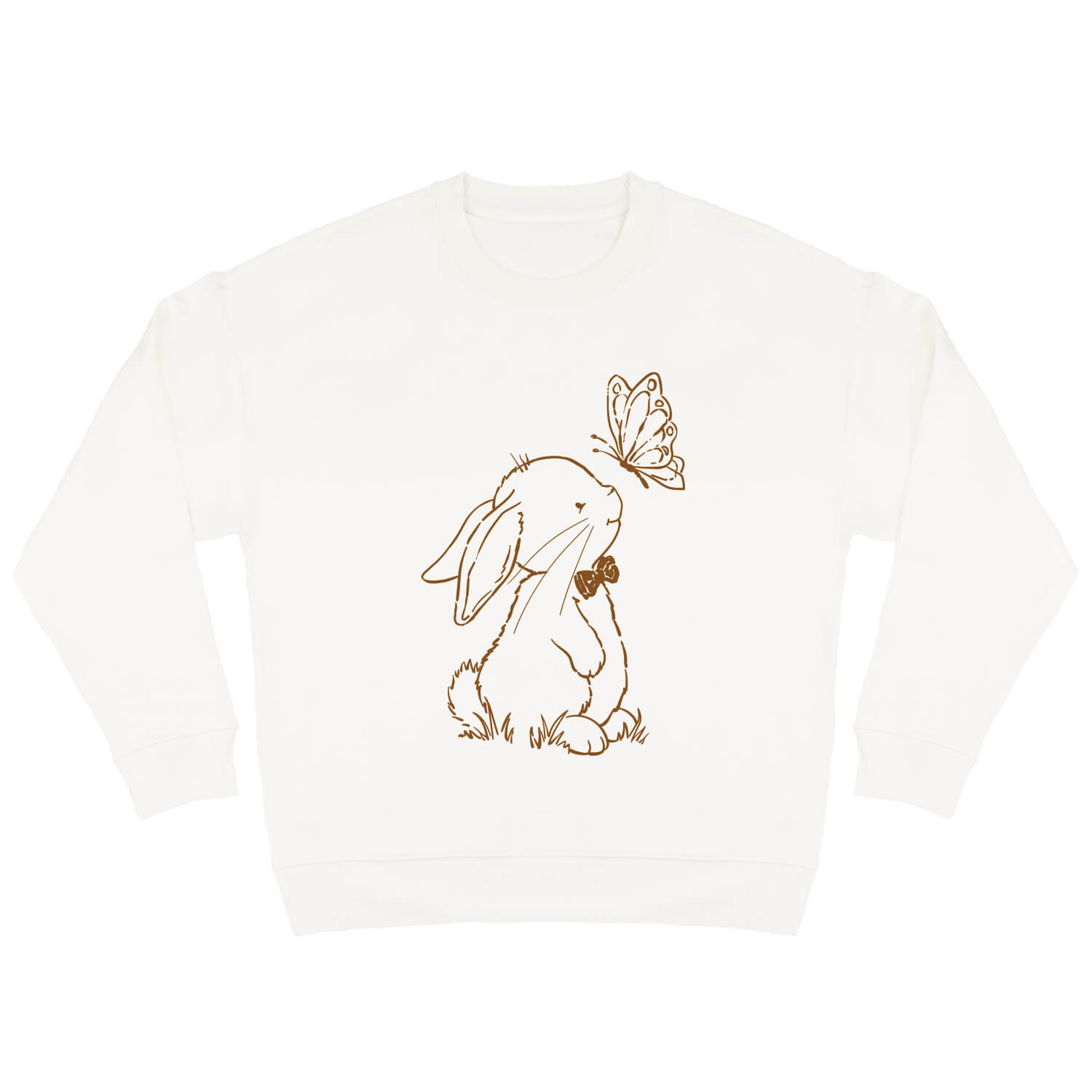 Duurzame offwhite sweater met caramelkleurige konijn print, unisex trui