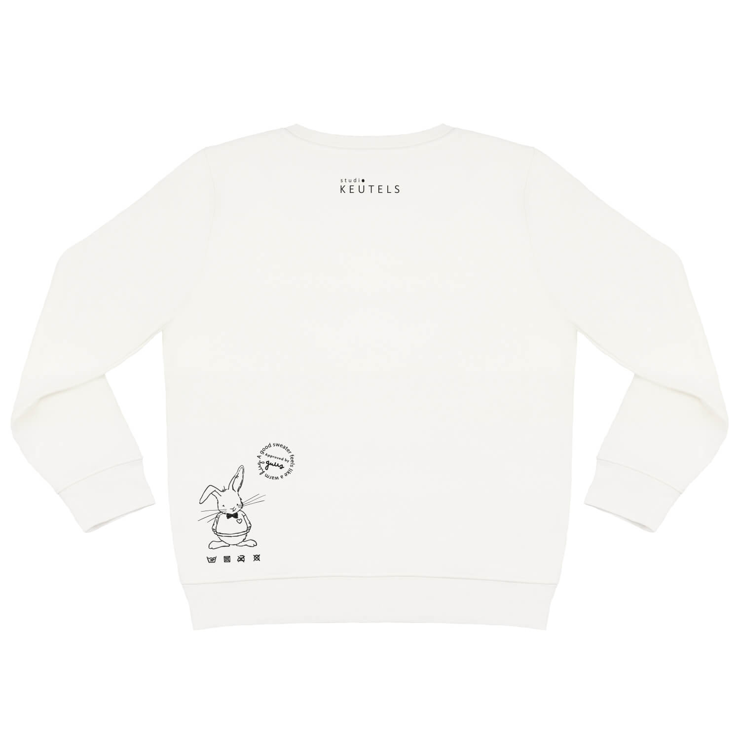 Achterkant van offwhite sweater voor kinderen met konijn Guus print.
