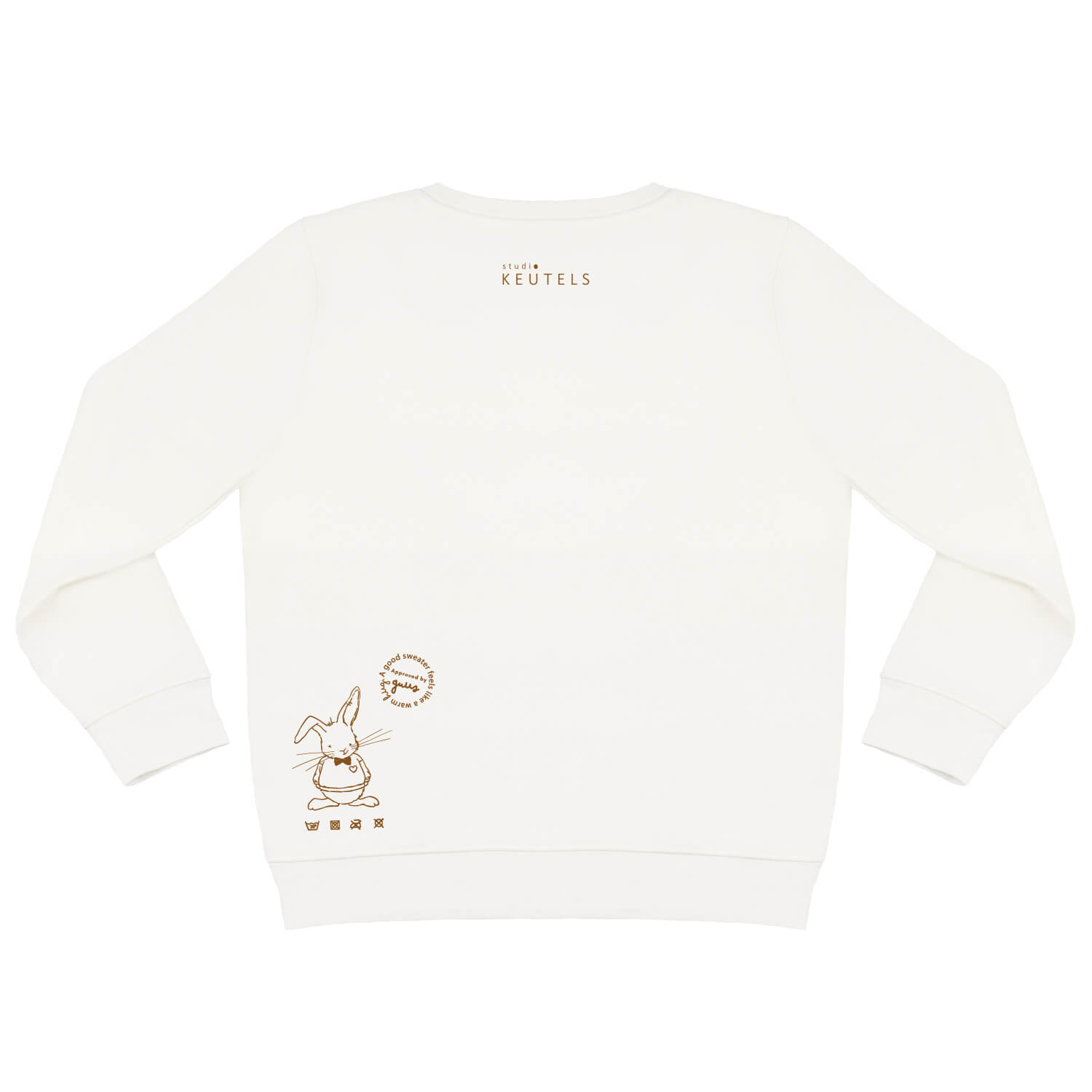 Achterkant van offwhite sweater voor kinderen met stoer konijn Guus.