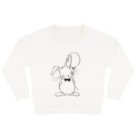 Offwhite sweater voor kinderen met diep zwarte print van konijn Guus die blij is met zijn ballon.