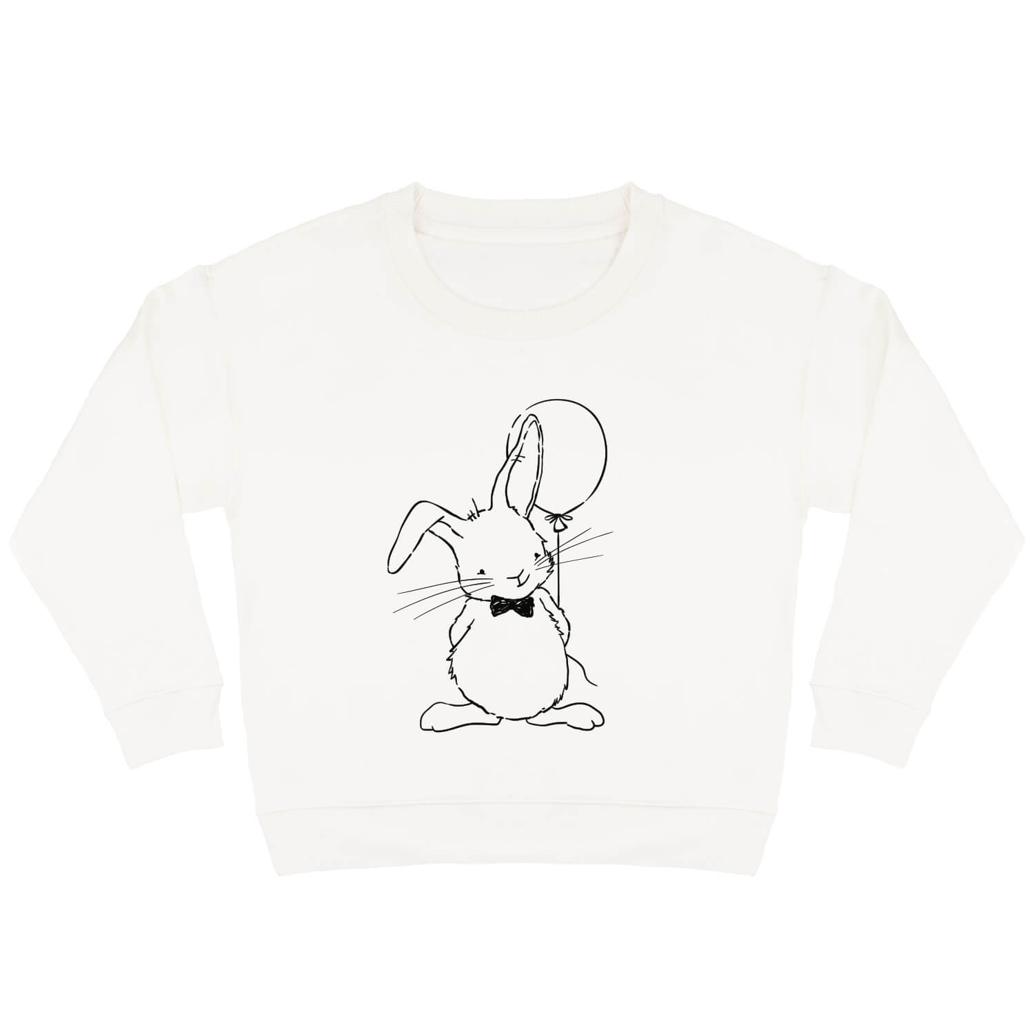 Offwhite sweater voor kinderen met diep zwarte print van konijn Guus die blij is met zijn ballon.