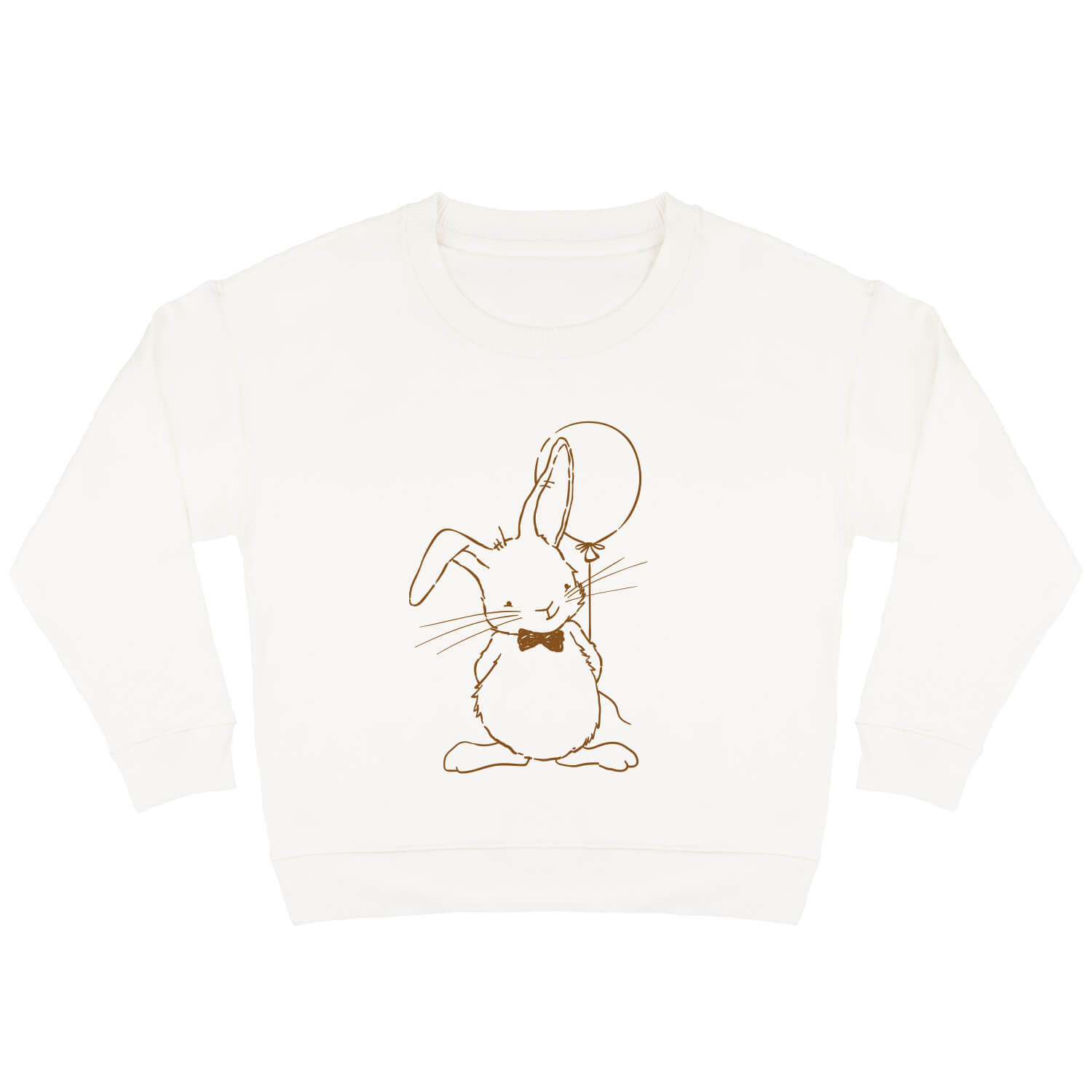 Offwhite sweater voor kinderen met caramelkleurige print van konijn Guus die blij is met zijn ballon.