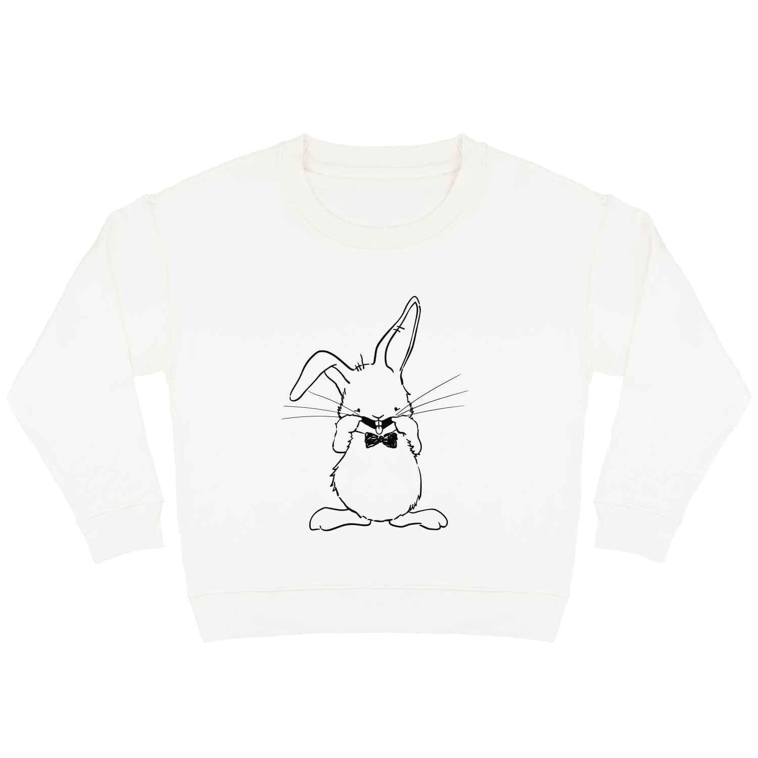 Offwhite sweater voor kinderen met diep zwarte print van ondeugend konijn Guus die een gekke bek trekt.