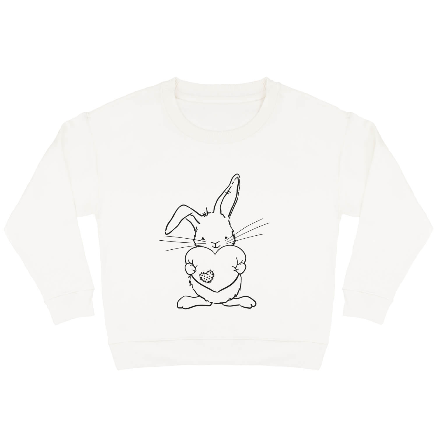 Offwhite sweater voor kinderen met diep zwarte print van lief konijn Guus die een groot hart vasthoudt.
