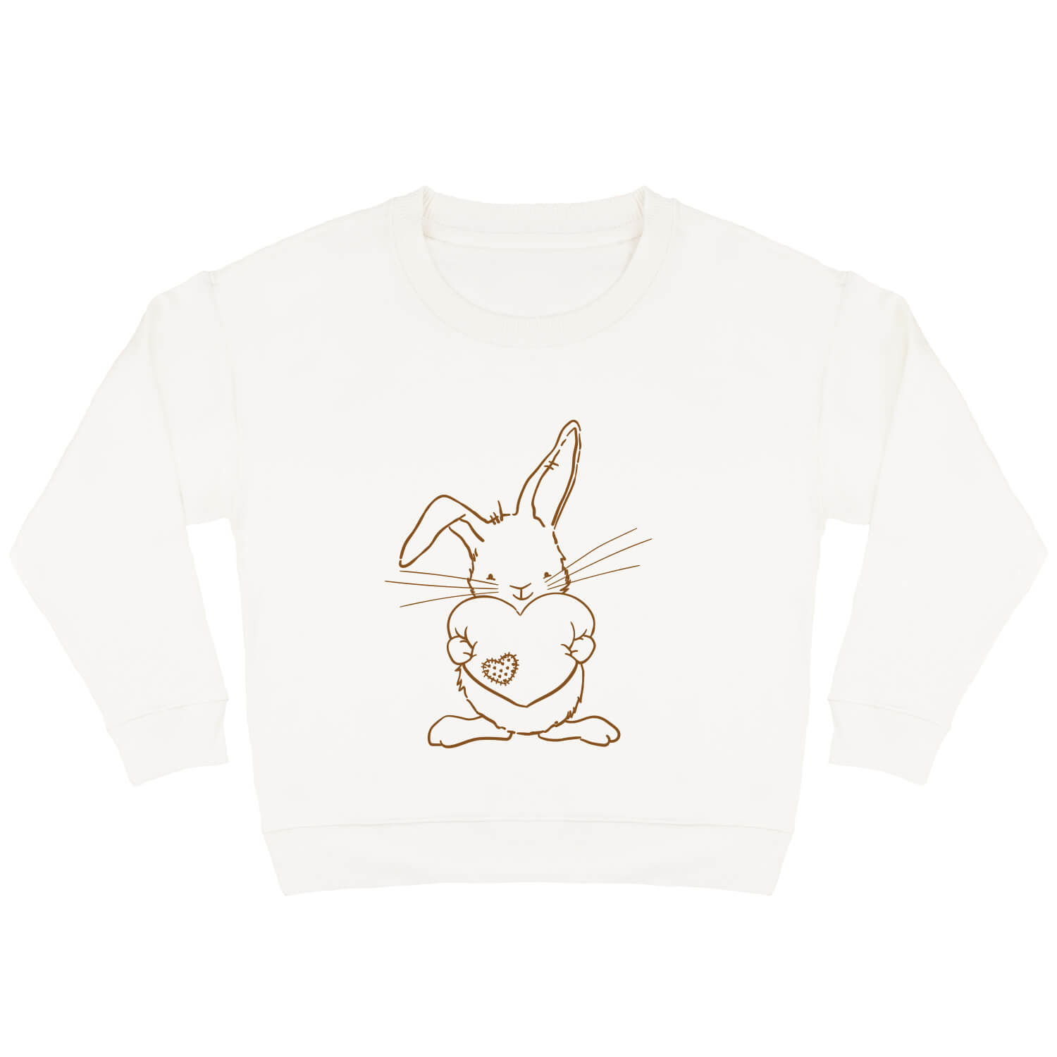 Offwhite sweater voor kinderen met caramelkleurige print van lief konijn Guus die een groot hart vasthoudt.