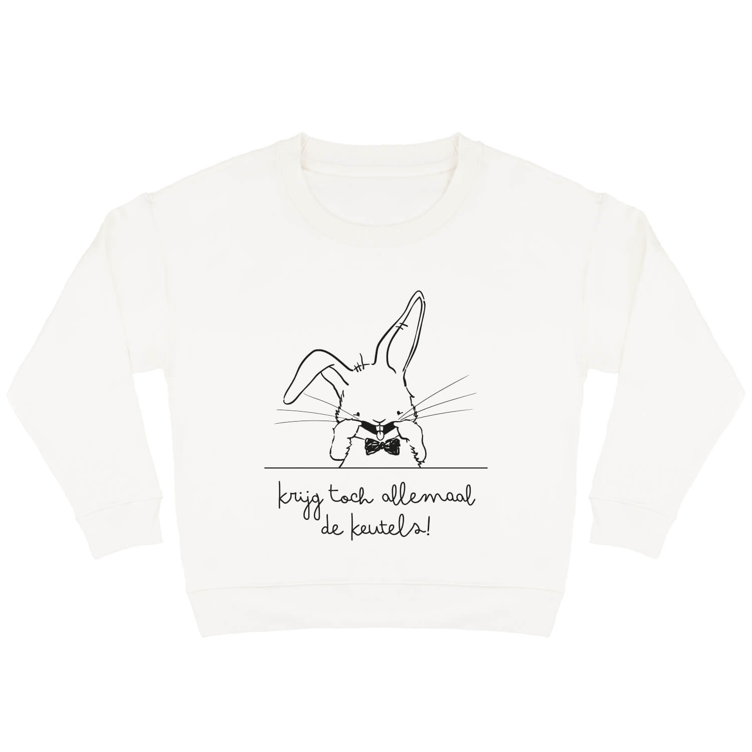 Offwhite sweater voor kinderen met diep zwarte print van ondeugend konijn Guus met en tekst ‘Krijg toch allemaal de keutels!’