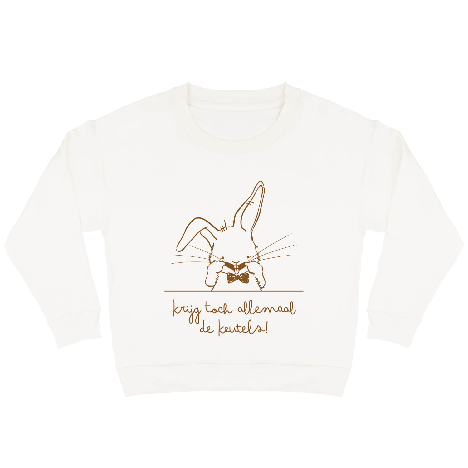 Offwhite sweater voor kinderen met caramelkleurige print van ondeugend konijn Guus met en tekst ‘Krijg toch allemaal de keutels!’