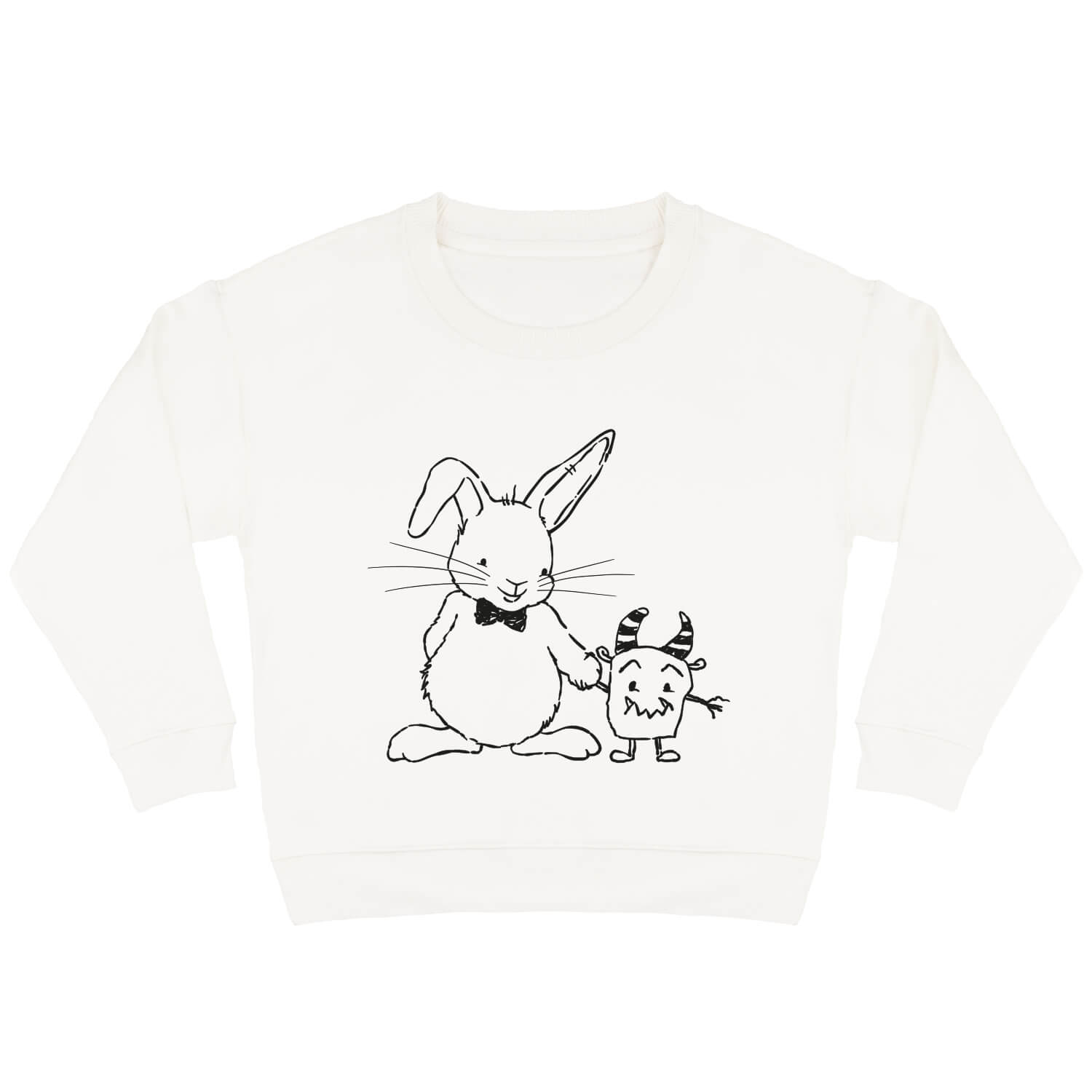 Offwhite sweater voor kinderen met diep zwarte print van konijn Guus samen met een schattig monster.