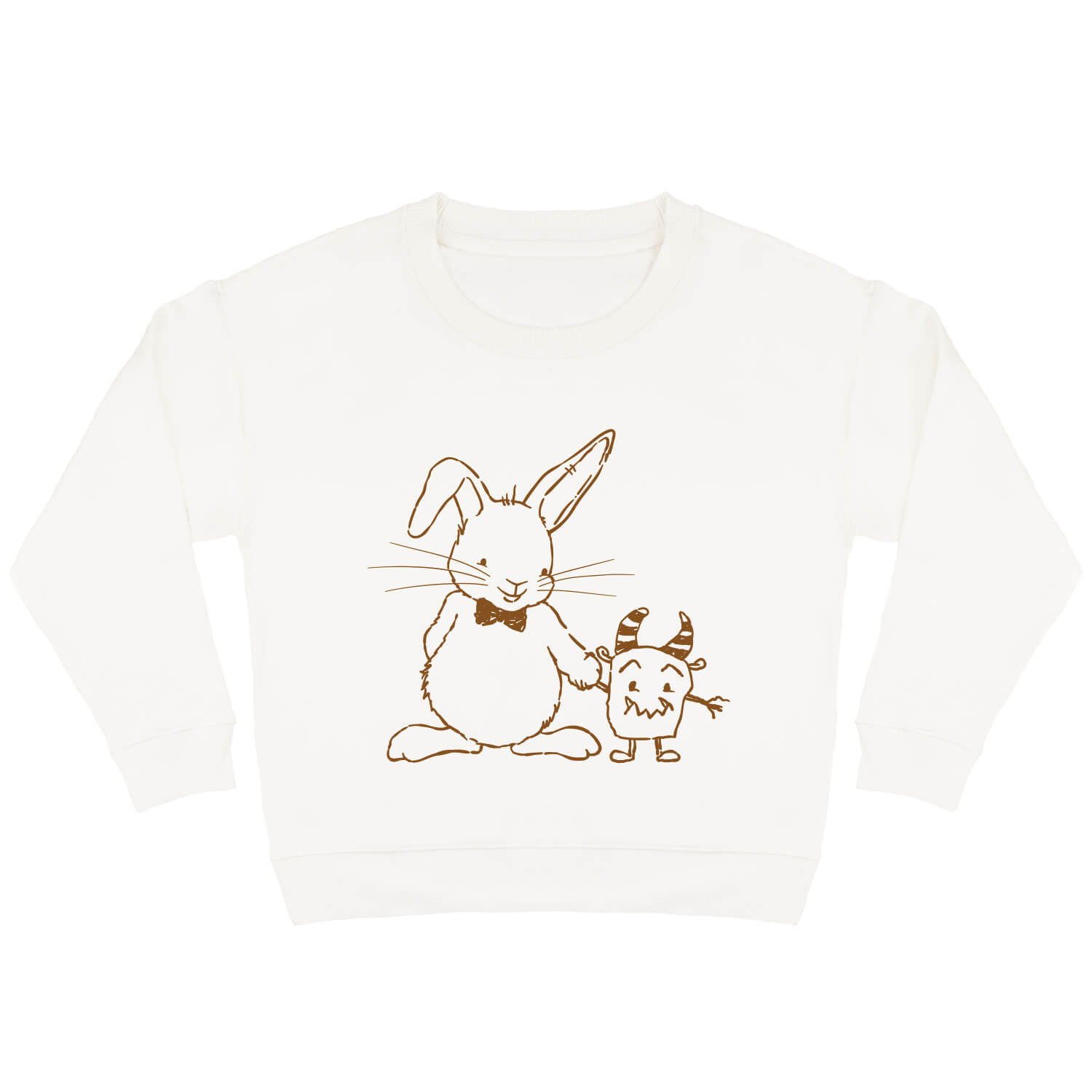 Offwhite sweater voor kinderen met caramelkleurige print van konijn Guus samen met een schattig monster.