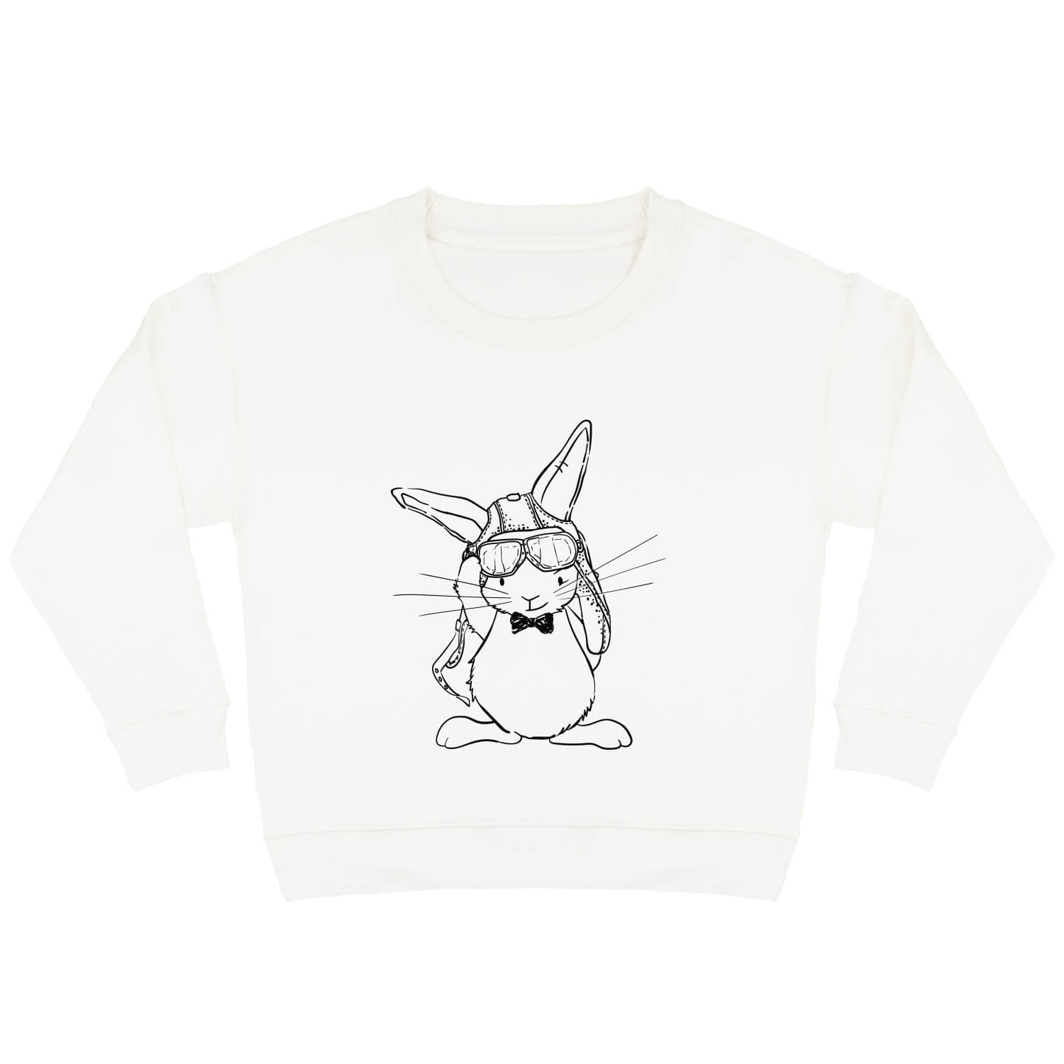 Offwhite sweater voor kinderen met diep zwarte print van stoer konijn Guus met een pilotenmuts en -bril.