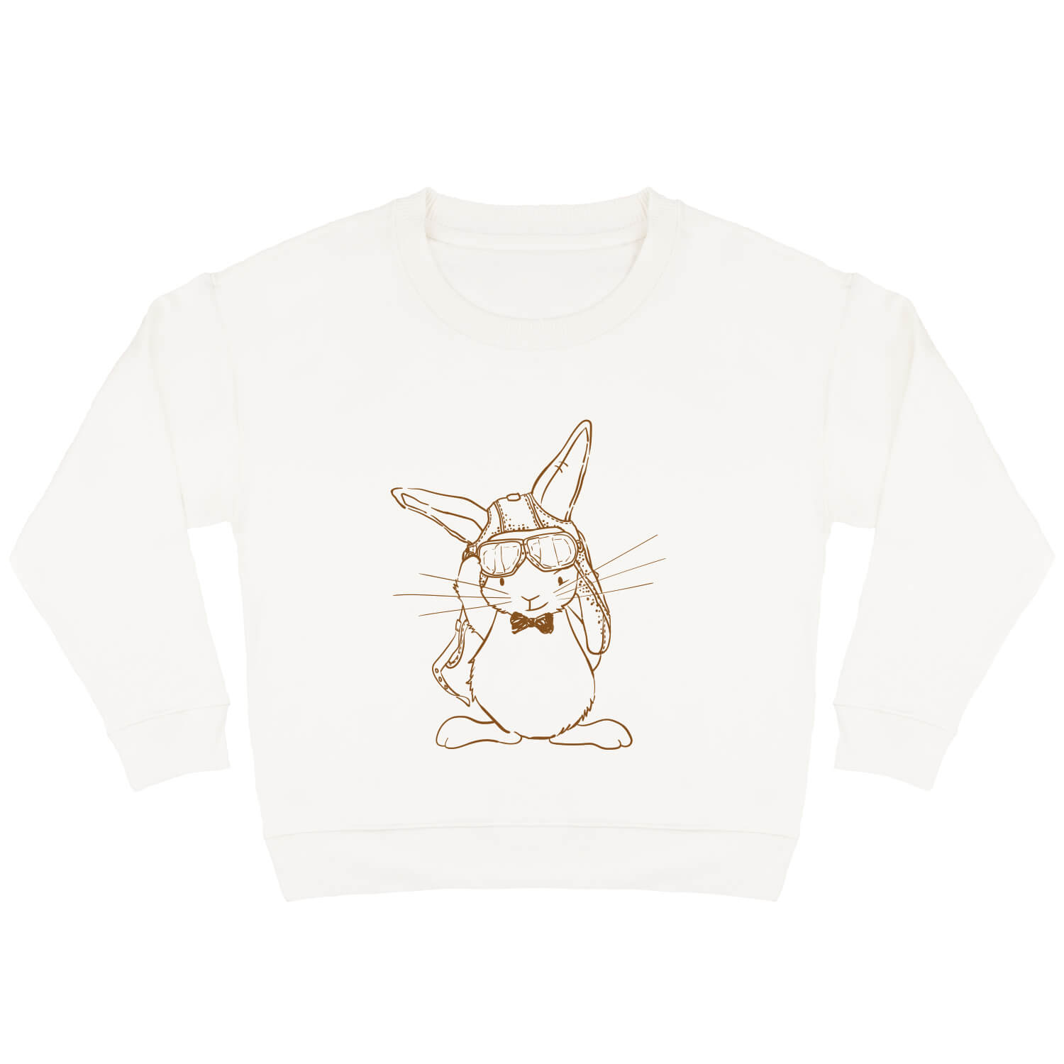 Offwhite sweater voor kinderen met caramelkleurige print van stoer konijn Guus met een pilotenmuts en -bril.