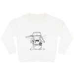 Offwhite sweater voor kinderen met caramelkleurige print van stoer strijder konijn Guus met een pan op zijn hoofd.