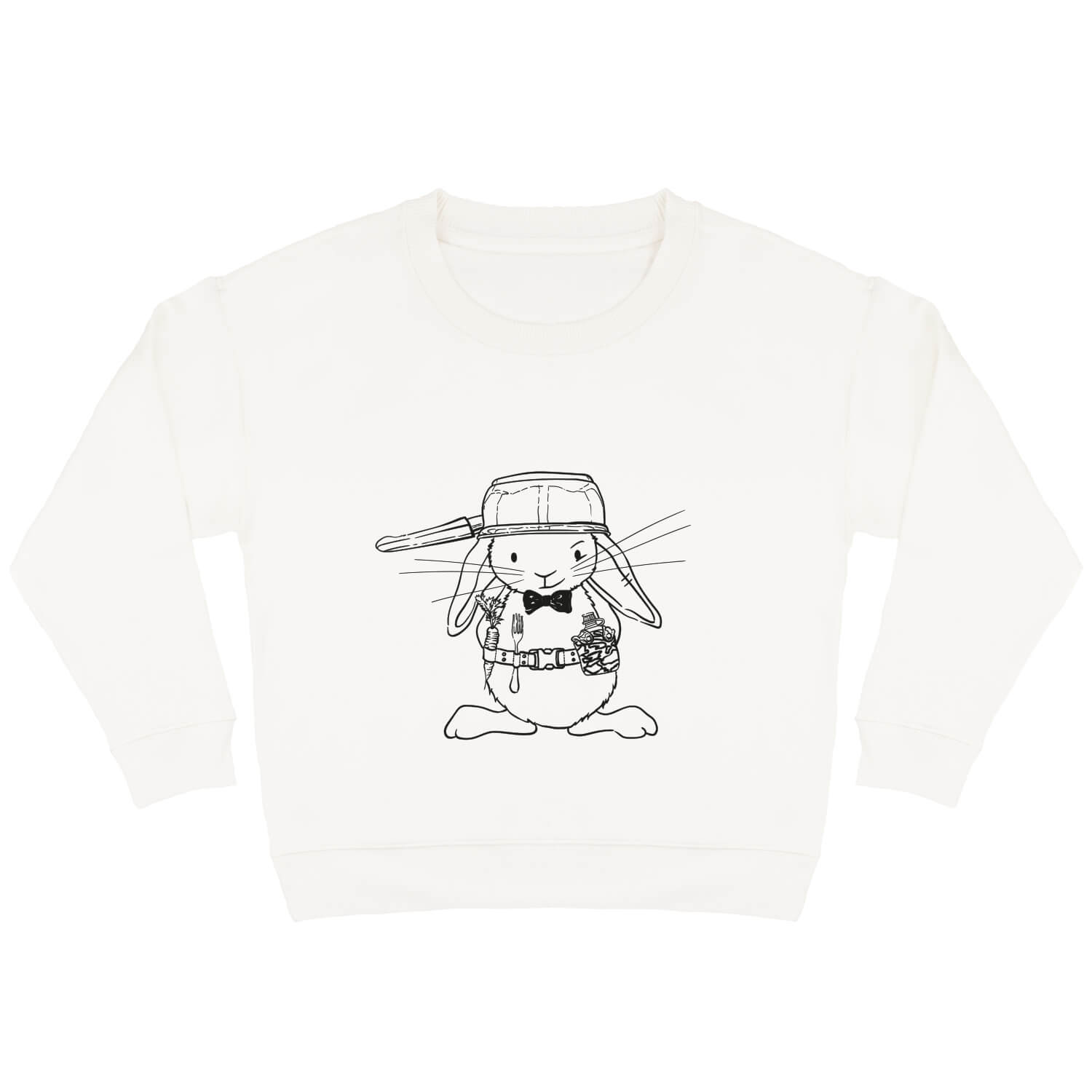 Offwhite sweater voor kinderen met caramelkleurige print van stoer strijder konijn Guus met een pan op zijn hoofd.