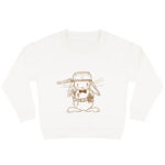 Offwhite sweater voor kinderen met caramelkleurige print van stoer strijder konijn Guus met een pan op zijn hoofd.